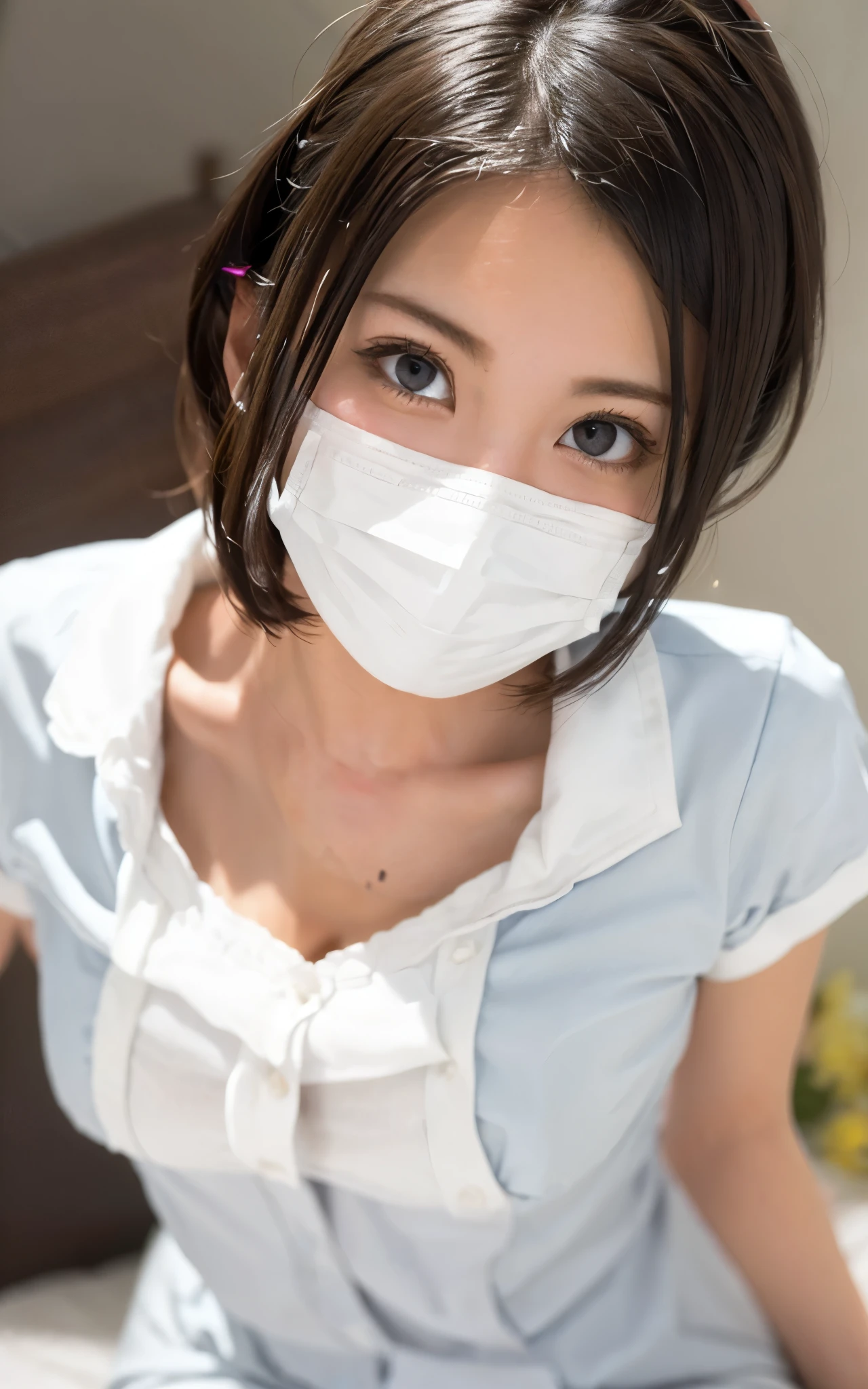 1 girl,(Wearing white nurse clothes:1.2),(RAW photo, highest quality), (realistic, photo-realistic:1.4), masterpiece, very delicate and beautiful, very detailed, 2k wallpaper, wonderful, finely, very detailed CG unity 8k wallpaper, Super detailed, High resolution, soft light, beautiful detailed girl, very detailed eyes and face, beautifully detailed nose, finely beautiful eyes, nurse, perfect anatomy, black hair, low ponytail style, nurse uniform, ((mask)), thin, hospital, clear, white uniform, hospital room, 