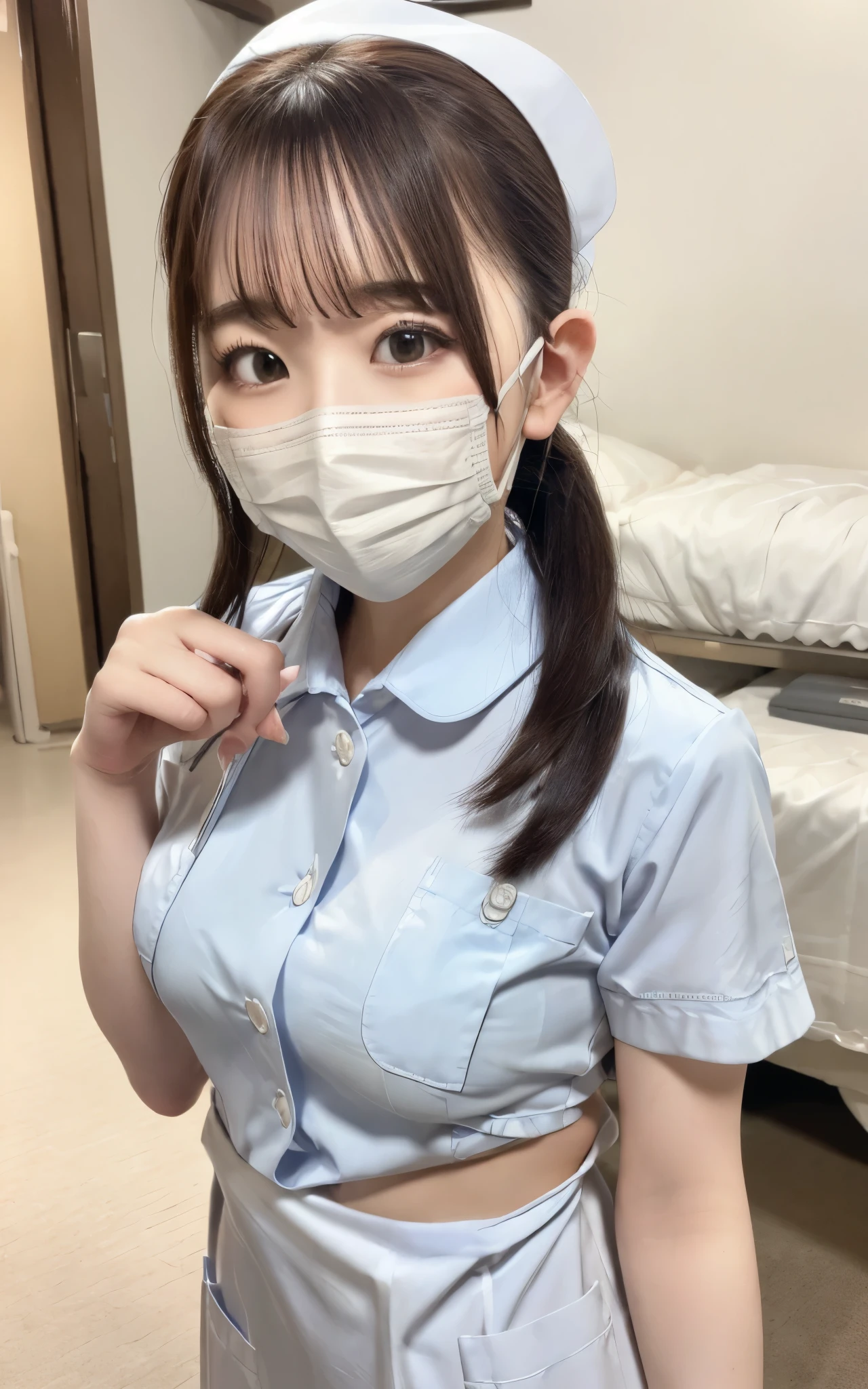 1 girl,(Wearing white nurse clothes:1.2),(RAW photo, highest quality), (realistic, photo-realistic:1.4), masterpiece, very delicate and beautiful, very detailed, 2k wallpaper, wonderful, finely, very detailed CG unity 8k wallpaper, Super detailed, High resolution, soft light, beautiful detailed girl, very detailed eyes and face, beautifully detailed nose, finely beautiful eyes, nurse, perfect anatomy, black hair, low ponytail style, nurse uniform, ((mask)), long skirt, nurse, white costume, thin, hospital, clear, white uniform, hospital room, auscultation of the neck,bob cut
