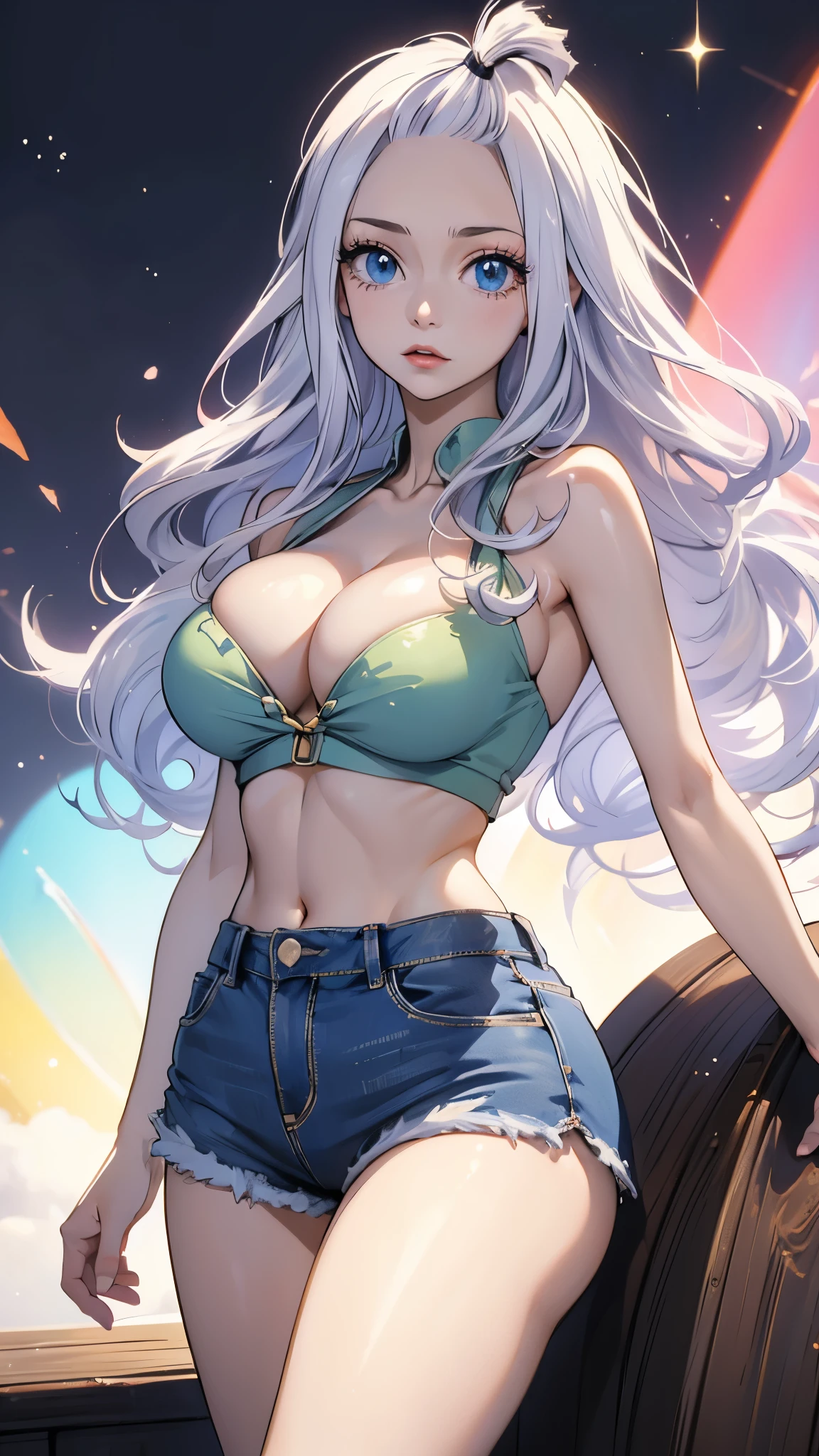 (best quality,highres:1.2),ultra-detailed,realistic,photorealistic:1.37,a beautiful girl (Mirajane Strauss from Fairy Tail) model in a pop style,18 years old,long legs,medium breasts,extremely detailed face (with emphasis on azure eyes),Her red-colored hair falls to her shoulders.She is dressed in short blue denim shorts and a short top (very shabby and torn in places),),bent down, lifting her ass to the top,more sexy pose,illustration,colorful pop art style,dynamic lighting,neon colors,sunglasses on head.Nsfw