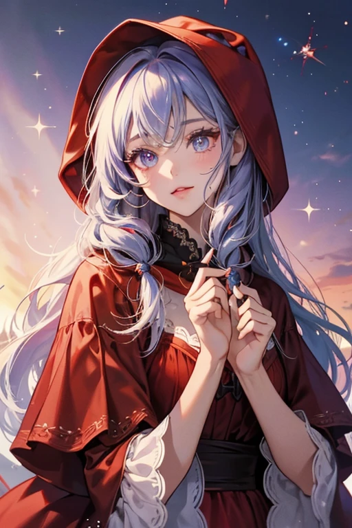 She bears a resemblance to Little Red Riding Hood with her dress and hood. She has sparkly, Lovelitchi-like eyes that are sometimes depicted with blue irises .  SPARKLE; GLITTER