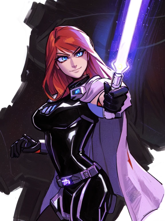 (best quality,8k:1.2,high resolution:1.2), , (Detailed face:1.2), (Detailed eyes:1.2), (Perfect figure:1.2), ultra-detailed,Realistic,vintage science fiction, extremely detailed face, long eyelashes, a upper body shot of a woman (Mara Jade), long orange hair, bright blue eyes, a determined look and stoic gaze. She's wearing a tight shiny black leather suit, tan cape, gloves, silver utility belt and high-heel boots. She's holding a purple lightsaber. Background: space, stars, planets, suns, starry_sky, nebula.
