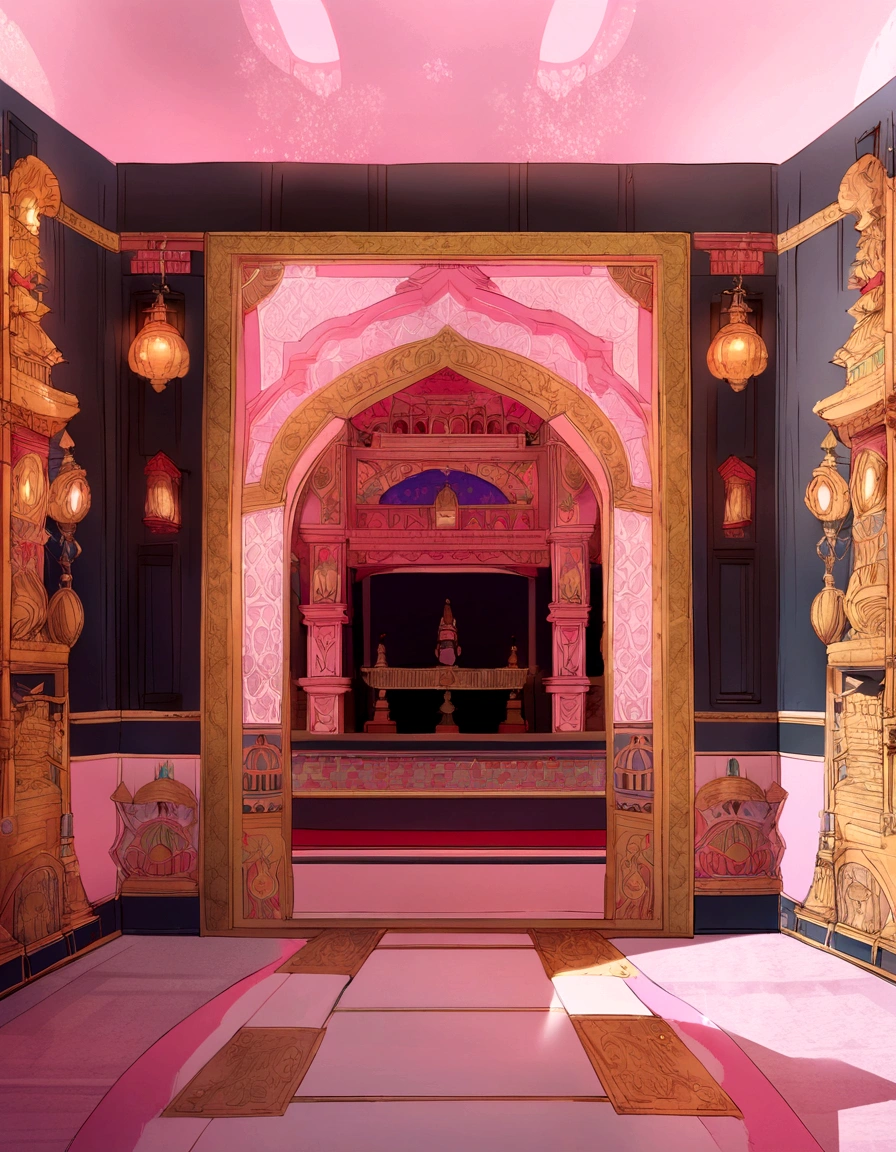 there is a woman in a yellow dress standing in a room, inside view, indian temple, temple, eye level view, full - view, view from inside, interior decoration, colour, beautiful image, ground level view, looking from side, entrance, front side, well maintained, masterpiece work of art, cybertronic hindu temple, interior view, brightly lit pink room