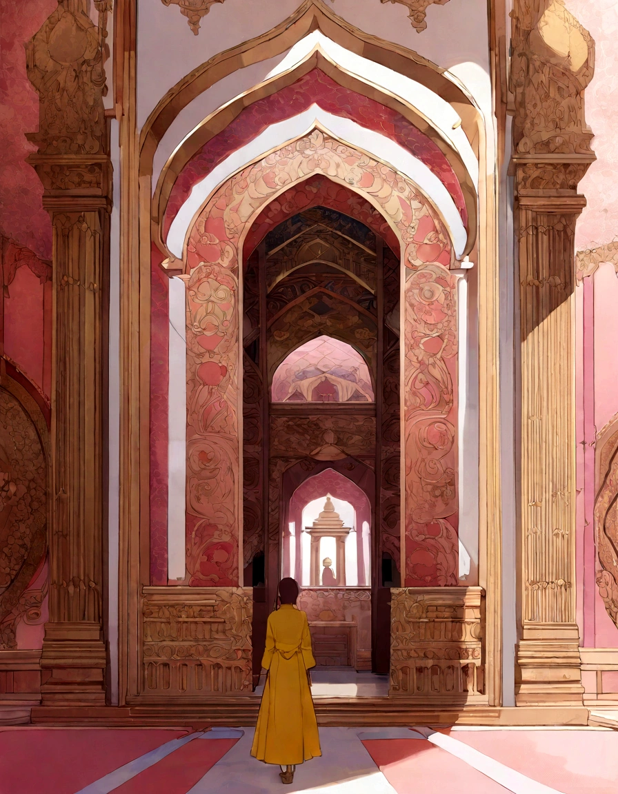 there is a woman in a yellow dress standing in a room, inside view, indian temple, temple, eye level view, full - view, view from inside, interior decoration, colour, beautiful image, ground level view, looking from side, entrance, front side, well maintained, masterpiece work of art, cybertronic hindu temple, interior view, brightly lit pink room