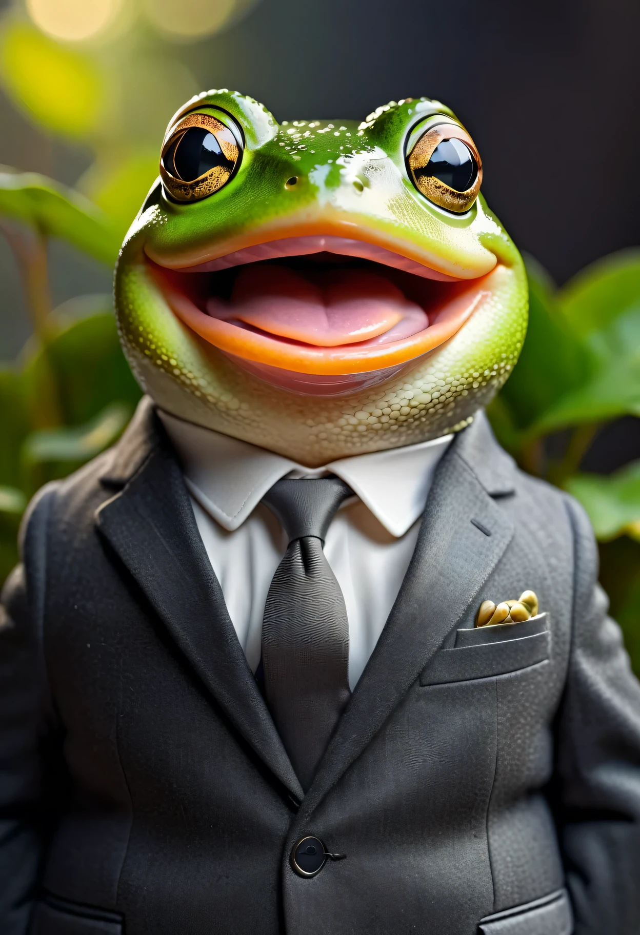 face close up photo of anthropomorphic fat [cute] frog,(), dressed in a dark gray suit, (sticking out tongue:1.5),(happy smile:1.5),(playful:1.2), soft lighting, Cinematic, hdr, primitive, Intricate, High quality, smoothing tones, Intricate details, Low contrast,(viewed from side:2.0), (looking at viwer:1.5), simple background