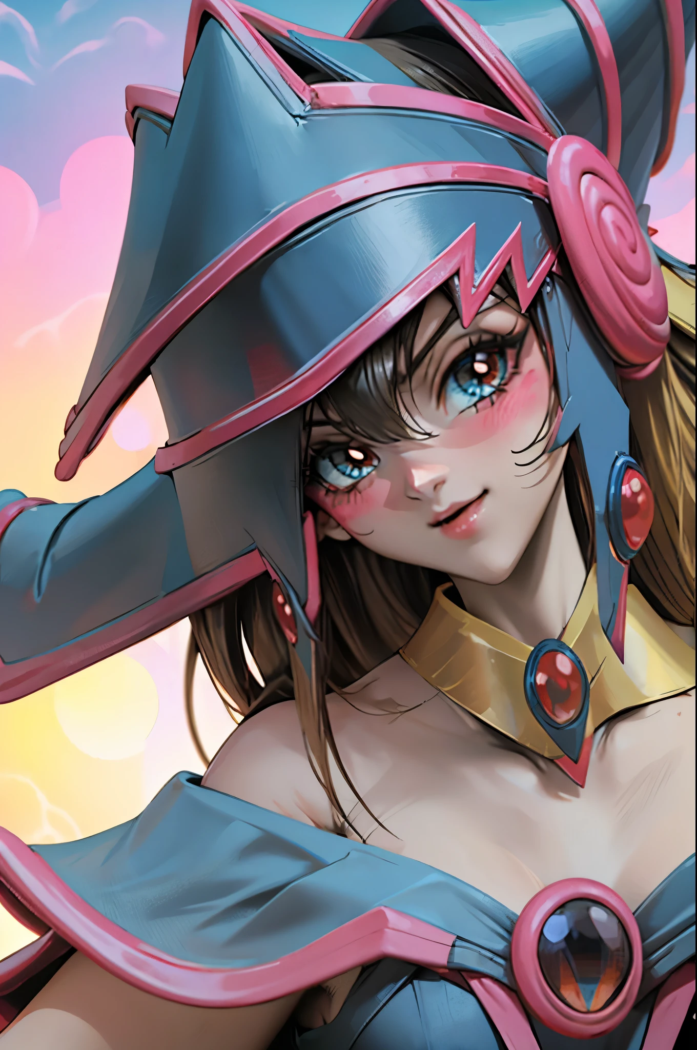 Hermoso rostro de dark magician gils, ojos azules. Labios rosados. Cabello rubio y largo. Ombros descubiertos, sonrisa angelical, hermoso rostro bien detallados de dark magician gils.