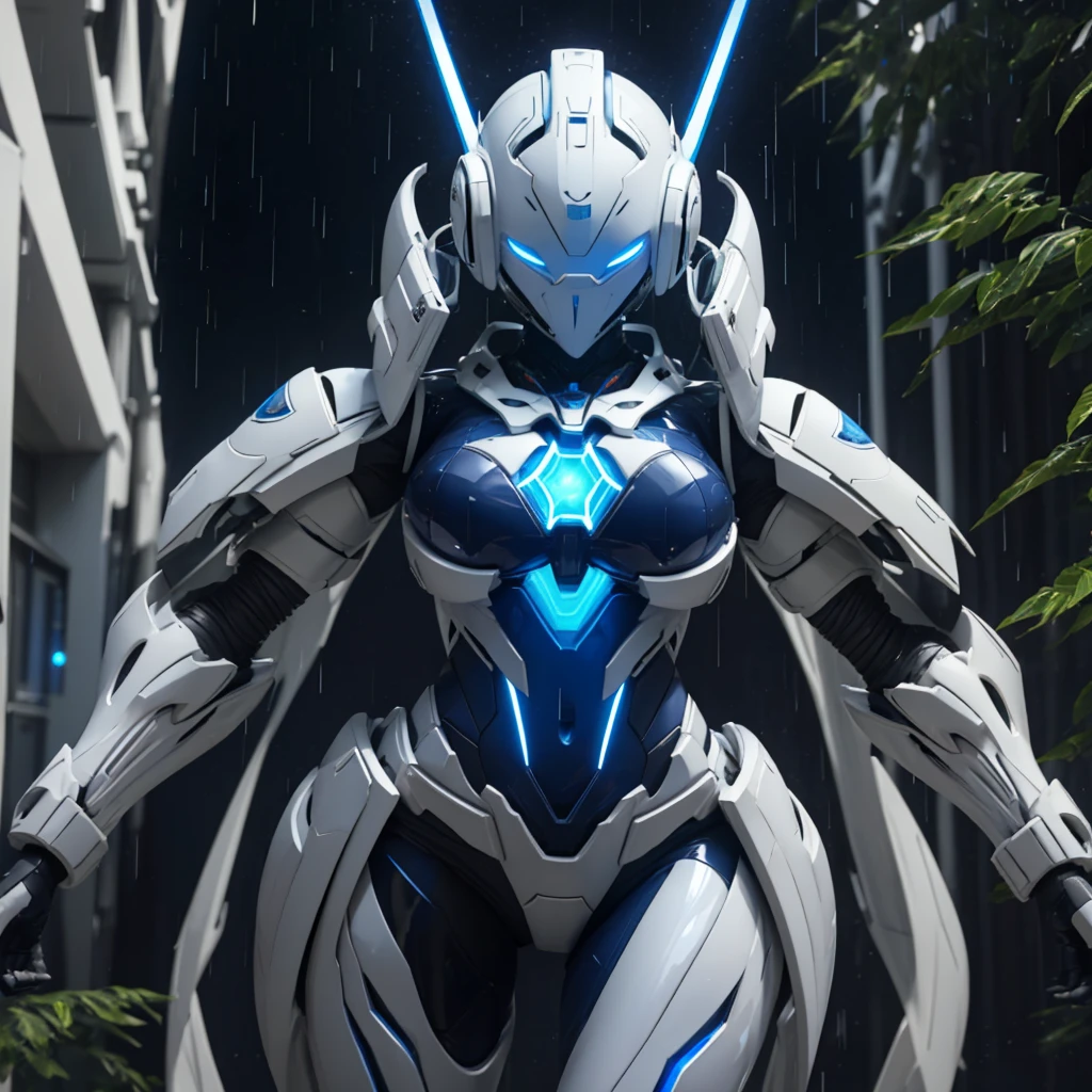 Dronificated unknown woman in a fully enclosed white latex fullbody suit with blue lights across the suit and star shaped glowing core in the chest, fully enclosed cyber helmet that cover her whole face and hides her identity with a blue screen that has a white star, huge breast, narrow waist, wide hips and thick thigs, fighting in a forest, raining, at night, no face, no hair, no mouth, no eyes