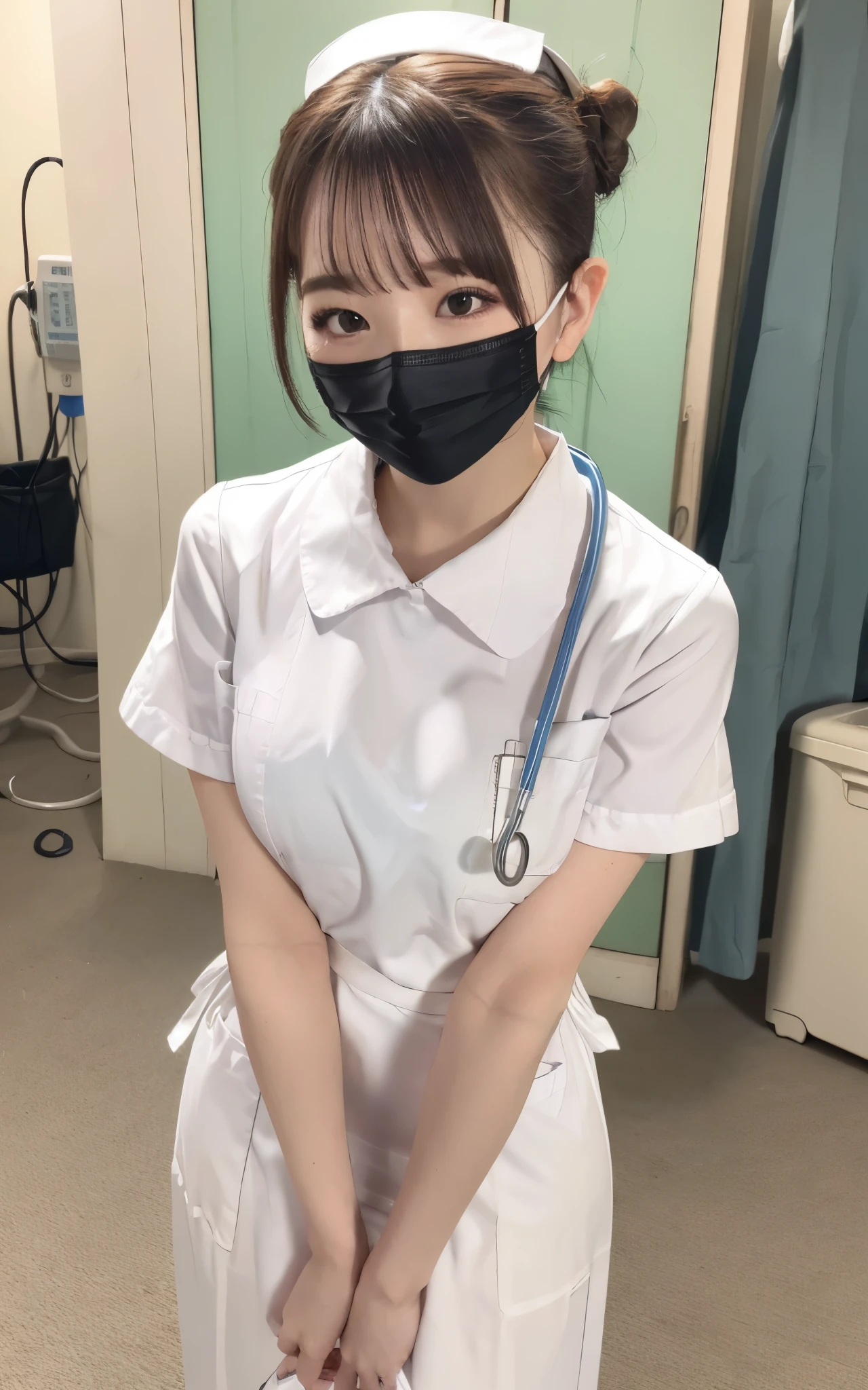 1 girl,(Wearing white nurse clothes:1.2),(RAW photo, highest quality), (realistic, photo-realistic:1.4), masterpiece, very delicate and beautiful, very detailed, 2k wallpaper, wonderful, finely, very detailed CG unity 8k wallpaper, Super detailed, High resolution, soft light, beautiful detailed girl, very detailed eyes and face, beautifully detailed nose, finely beautiful eyes, nurse, perfect anatomy, black hair, low ponytail style, nurse uniform, ((mask)), long skirt, nurse, white costume, thin, hospital, clear, white uniform, hospital room, auscultation of the neck,bob cut