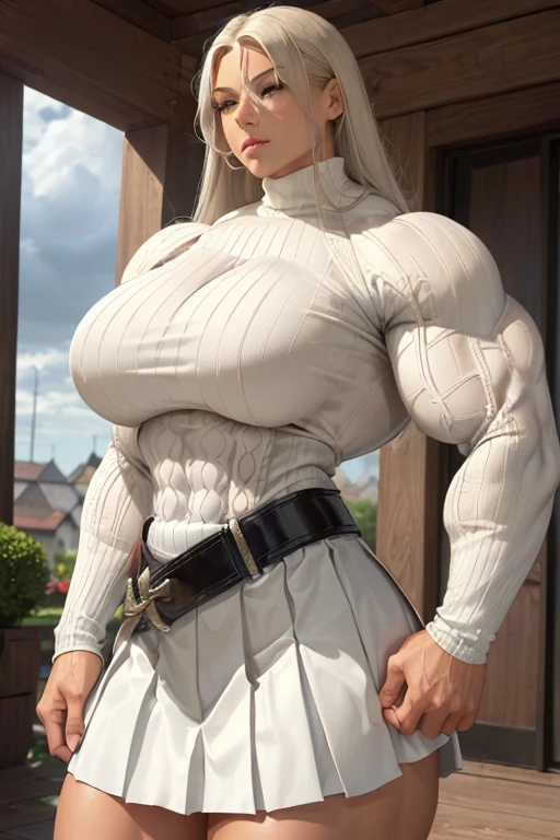 (((((Massive tall, beautiful, buff, light brown skinned muscular woman with white hair, ginormous bulky muscles and wearing a beautiful white long-sleeved turtleneck sweater with a black pleated skirt))))), (close view), (massive muscles), long straight hair, ((chained belt)), blue eyes, choker, ((beautiful turtleneck sweater)), (beautiful pleated skirt), belt, white boots, (in the Cloudy beautiful village), closed smile, night, ginormous muscles