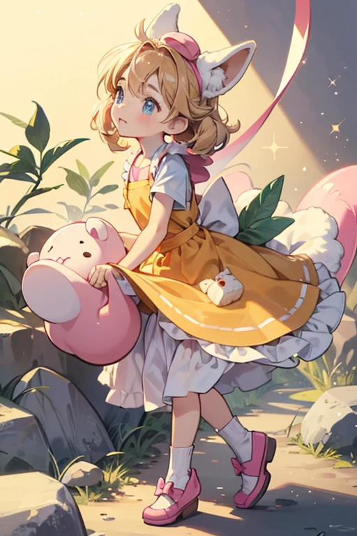 Sitter Poketchi resembles a light yellow kangaroo. Her ears are pointy, and her tail is long and has a pink bow and a rattle at the end. She can use her tail to carry small Tamagotchis and rock them to sleep. She wears an orange apron with a pocket in the front and a mint green cap. She has light blue eyes and rosy cheeks. She hops instead of walking, and when she does her rattle will often shake and make sounds. SPARKLE; GLITTER
