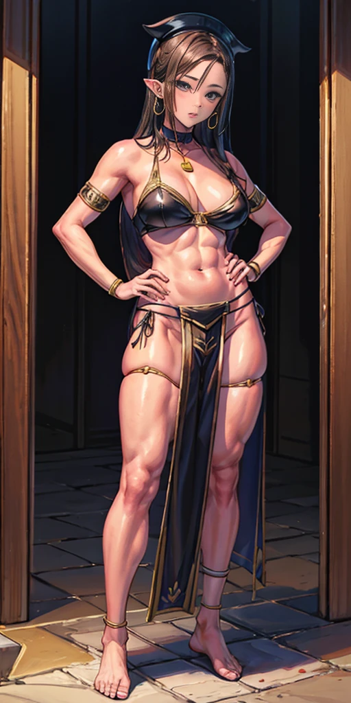 full body toe to head, masterpiece, 1soloMILF BIMBO standing loincloth pose hands on hips, leather collar choker neck bell