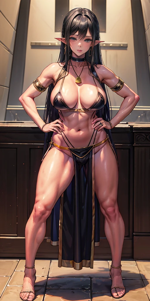 full body toe to head, masterpiece, 1soloMILF BIMBO standing loincloth pose hands on hips, leather collar choker neck bell