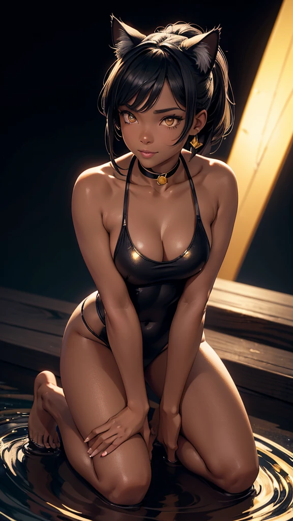 (high resolution, full body, soft skin:1.2),(best illustration,masterpiece:1.2),ultra-detailed,[(cat ears , black inside:1.2, black ponytail hair, gold eyes, cat eyes, dark skin),vivid colors,sharp focus,studio lighting,bokeh, wearing a WHITE Plunge One Piece Swimsuit, pier at night background, smiling, kneeling 