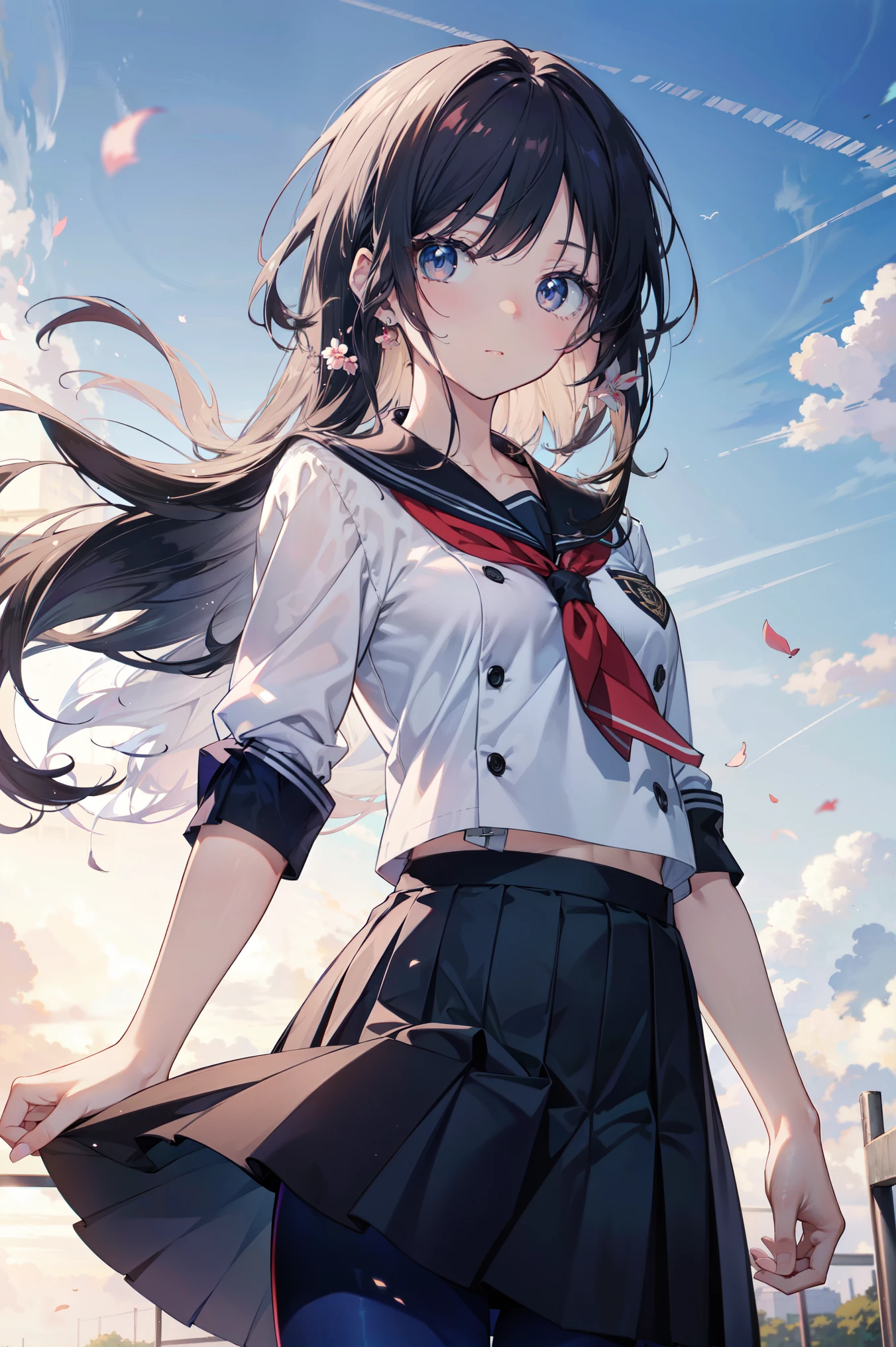 Low - Angle　The lining of the skirt is visible　Anime girl in uniform　White panties　　Pokemon Girl　Catholic Sister　Anime Style　Flat Chest　Black Hair　Long Hair　skirt　