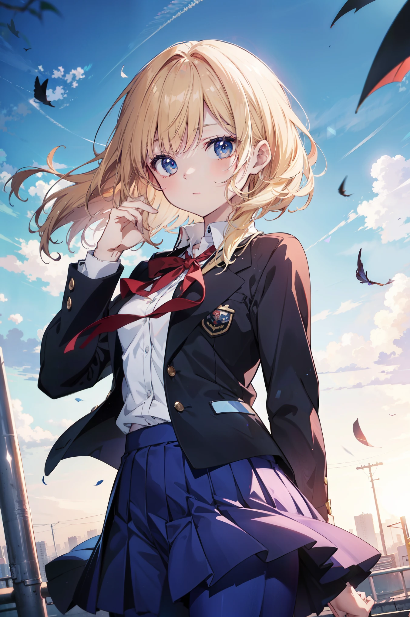 In 8K、highest quality、masterpiece、Ultra-detailed、Ultra-high resolution、(((Anime Style)))、1. High school girl、uniform、School zone、Strong winds、Check skirt、Skirt fluttering in the wind、Blue pants、Skirt suppression、impatient