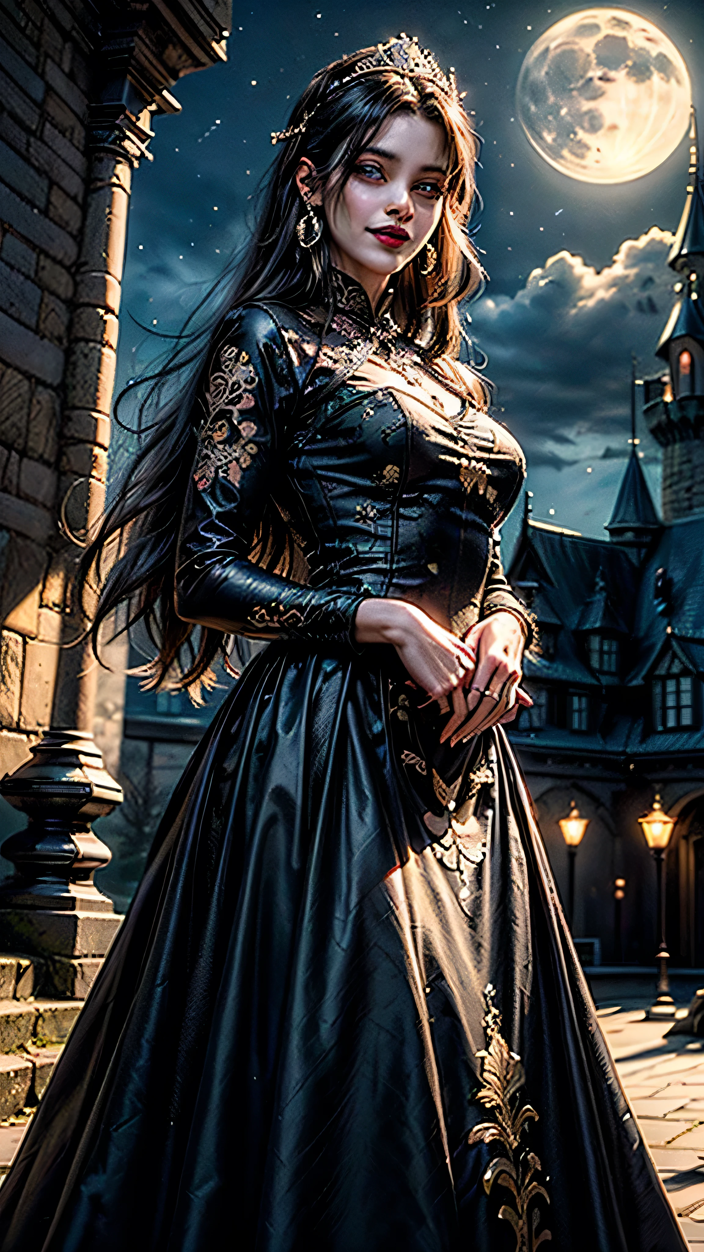 ((best quality: 1.5, intricate:1.3, masterpiece, photorealistic:1.4)), sharp focus, professional, real life, realistic representation of the face, ((detailed, athletic, suntan, (((black gold chinoiserie renaissance ball gown)), queen, black chrome tiara, onyx necklace, onyx earrings, humid ((supermodel))), makeup: 0.7, glowing iceblue eyes, long straight hair [bright ginger hair:black hair:0.4], smirking, smirk, shadows, black lips, outdoors, faraway castle, dark, night, moonlight)), professional lighting, photon mapping, radiosity, physically based rendering, ultra resolution, hyper-realistic, hyper-realistic, 8K

