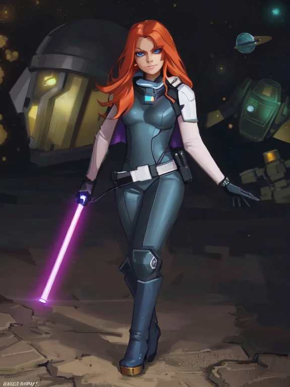 (best quality,8k:1.2,high resolution:1.2), (best quality:1.3), (4K quality),masterpiece, best quality, high res, detailed, (Detailed face:1.2), (Detailed eyes:1.2), (Perfect figure:1.2), CARTOON, ANIME, CARTOON ARTSTYLE, ultra-detailed, vintage science fiction, Star Wars based setting, extremely detailed face, long eyelashes, a upper body shot of a woman (Mara Jade), long orange hair, bright blue eyes, a determined look, smirking and stoic gaze. She's wearing a tight shiny black leather suit, tan cape, gloves, silver utility belt and high-heel boots. She's holding a purple lightsaber. Background: space, stars, planets, suns, starry_sky, nebula.
