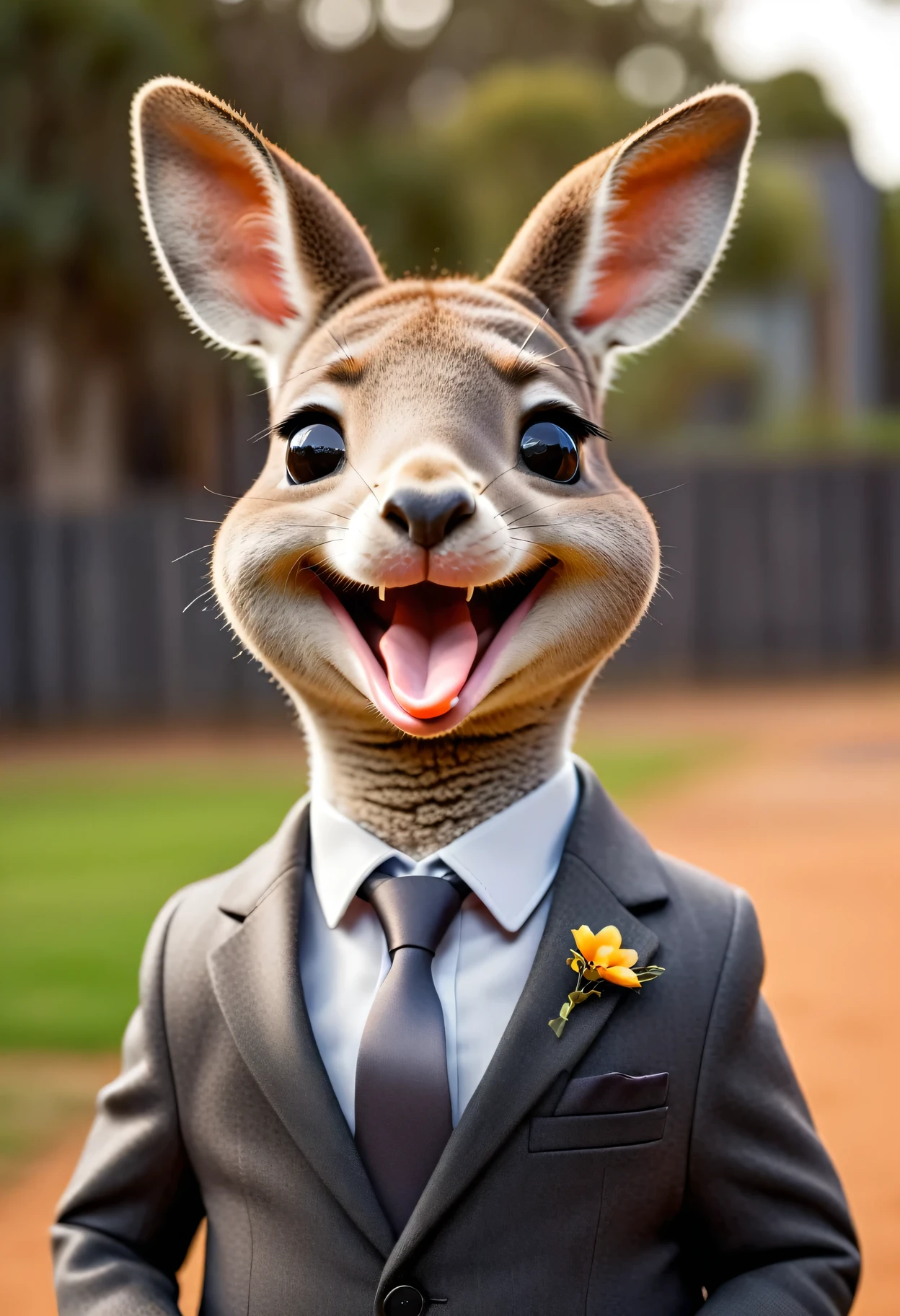 face close up photo of anthropomorphic fat [cute] kangaroo,(), dressed in a dark gray suit, (sticking out tongue:1.5),(happy smile:1.5),(playful:1.2), soft lighting, Cinematic, hdr, primitive, Intricate, High quality, smoothing tones, Intricate details, Low contrast,(viewed from side:2.0), (looking at viwer:1.5), simple background