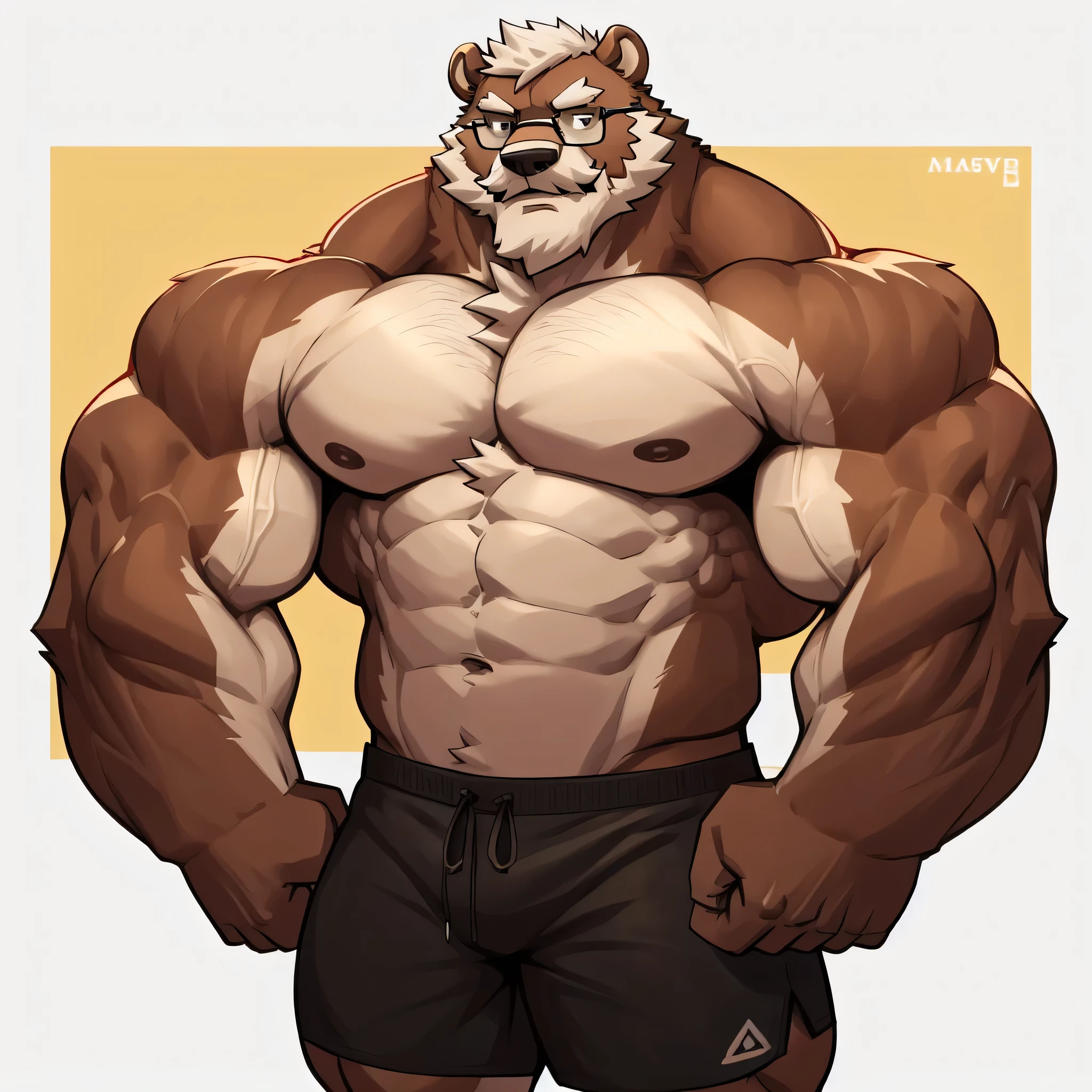 solo, 1boy, Huge Muscular Old Grizzly Bear wearing glasses , pectoral, huge pectoral, wide pectoral, short white hair, short pants and shirtless topless, bearded, Mustache, simple background, masterpiece, high detailed, 8k, high resolution, at the gym, posing, flexes huge muscles, background gym