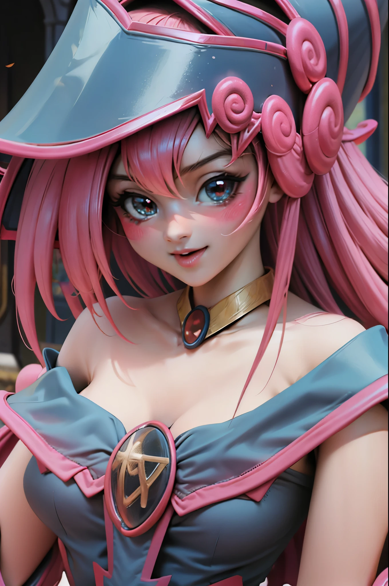 Un Hermoso rostro de dark magician gils, ojos azules. Labios rosados. Cabello rubio y largo. Ombros descubiertos, sonrisa angelical, hermoso rostro bien detallados de dark magician gils. Abre la boca y sala la lengua