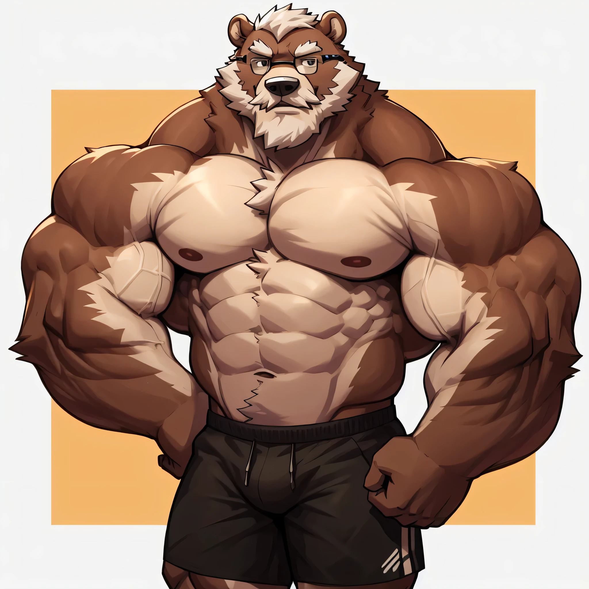 solo, 1boy, Huge Muscular Old Grizzly Bear wearing glasses , pectoral, huge pectoral, wide pectoral, short white hair, short pants and shirtless topless, bearded, Mustache, simple background, masterpiece, high detailed, 8k, high resolution, at the gym, posing, flexes huge muscles, background gym