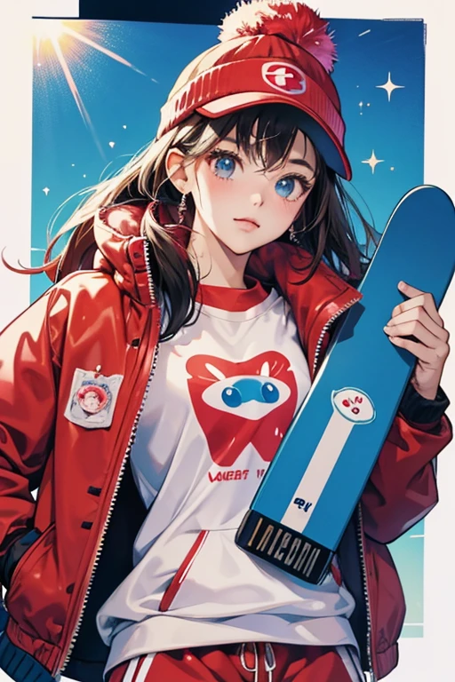 she wearing a red jacket and sweatpants, a visor, and a red beanie with a blue "S" on the front. sHe is always seen carrying a blue snowboard with "TAMAGOTCHI" written underneath in pink. SPARKLE; GLITTER