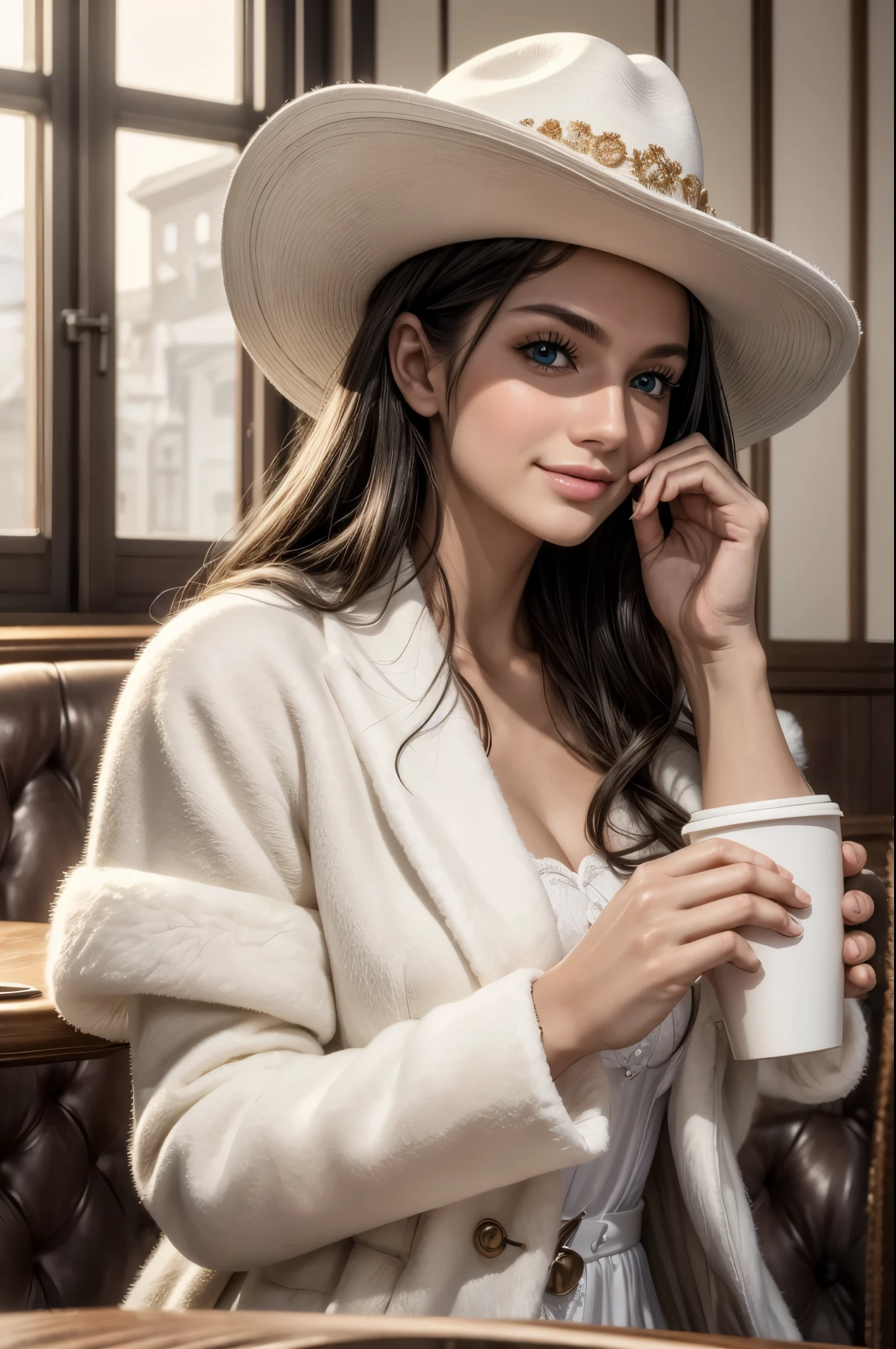masterpiece, best quality, extremely detailed, hyperrealistic:1.1, photorealistic, a beautiful 20s russian model, ultra detailed face:1.1, white cowboy hat:1.1, white fur coat, black hair, in luxurious cafe, in the sunshine:1.1, sitting at table with a coffee cup:1.2, perfect hands, perfect fingers, sly smile:1.1, putting index finger on own mouth