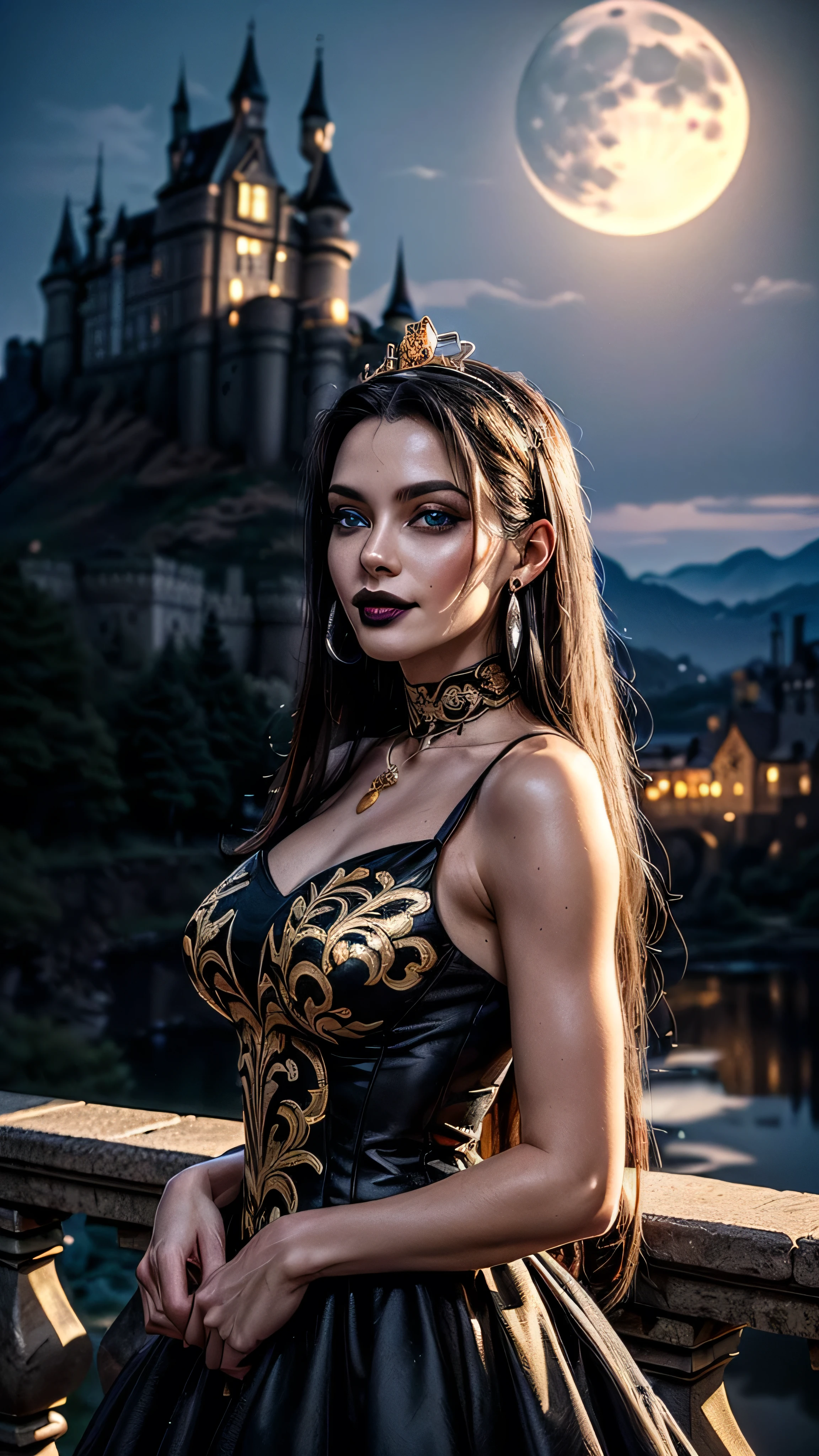 ((best quality: 1.5, intricate:1.3, masterpiece, photorealistic:1.4)), sharp focus, professional, real life, realistic representation of the face, ((detailed, athletic, suntan, (((red silver chinoiserie renaissance ball gown)), queen, black chrome tiara, onyx necklace, onyx earrings, humid ((supermodel))), makeup: 0.7, glowing iceblue eyes, long straight hair [bright ginger hair:black hair:0.4], smirking, smirk, shadows, black lips, outdoors, faraway castle, dark, night, moonlight)), professional lighting, photon mapping, radiosity, physically based rendering, ultra resolution, hyper-realistic, hyper-realistic, 8K
