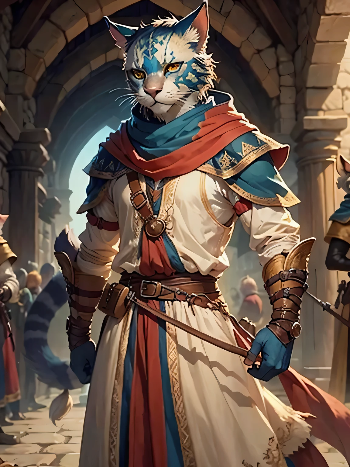 a male Khajiit from the world of skyrin, They possess medieval clothing, are in possession of action