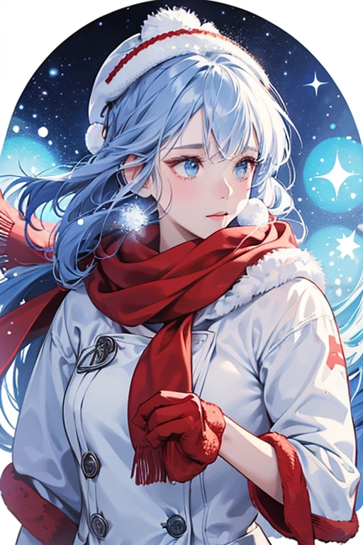she is a snowman with some snow styled as hair on her head and . sHe also has snow ears shaped liked circles and snow ear muffs on the sides of her head. sHe wears a red scarf and red mittens. Her mouth is blue and there are blue snowflakes on her cheeks. SPARKLE; GLITTER