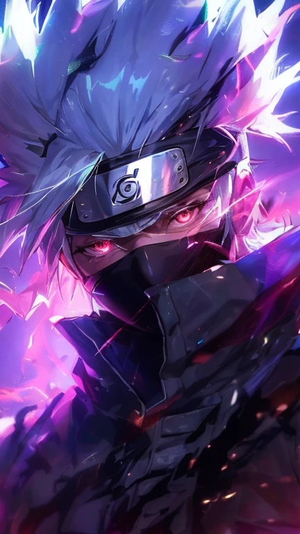 (highest quality,4K,High resolution),Close-up of a figure with white hair and pink glow, Amazing Anime 8K, Kakashi hatake, Anime Style 4k, Anime Wallpaper 4k, Anime Wallpaper 4k, Kakashi, 4KAnime Wallpaper, Anime Wallpaper, hd Anime Wallpaper, Naruto's art style, Spectacular artwork of anime, 4K Manga Wallpapers