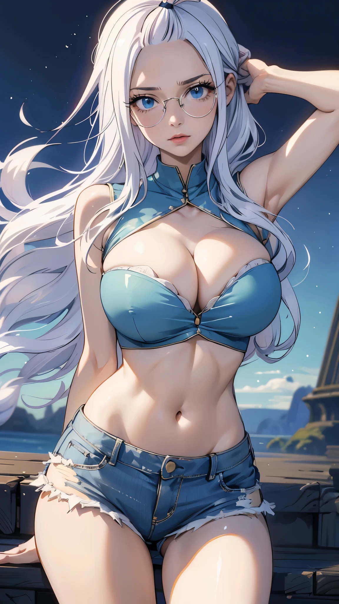 (best quality,highres:1.2),ultra-detailed,realistic,photorealistic:1.37,a beautiful girl (Mirajane Strauss from Fairy Tail) model in a pop style,18 years old,long legs,medium breasts,extremely detailed face (with emphasis on azure eyes),Her red-colored hair falls to her shoulders.She is dressed in short blue denim shorts and a short top (very shabby and torn in places),),bent down, lifting her ass to the top,more sexy pose,illustration,colorful pop art style,dynamic lighting,neon colors,sunglasses on head.Nsfw