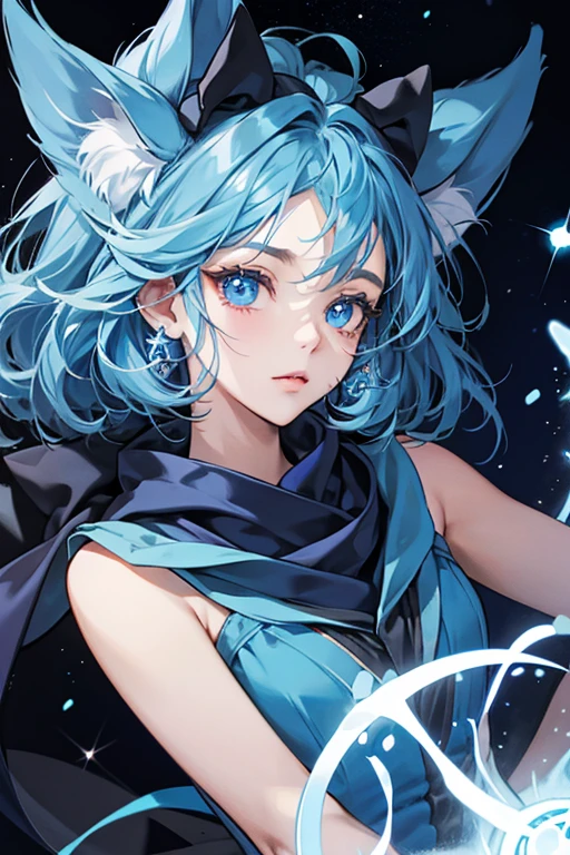 Sopratchi has a blue body with with fluffy fur, round ears, and small round arms. She has a blue star shape on her left ear. She has dark blue eyes with sclera, and a curled eyelash on each of them. She has two tufts of hair on her forehead, one is pointed and the other is curly and round, and together they resemble a musical note. She wears a dark blue scarf, which is tied in a bow in the front. SPARKLE; GLITTER