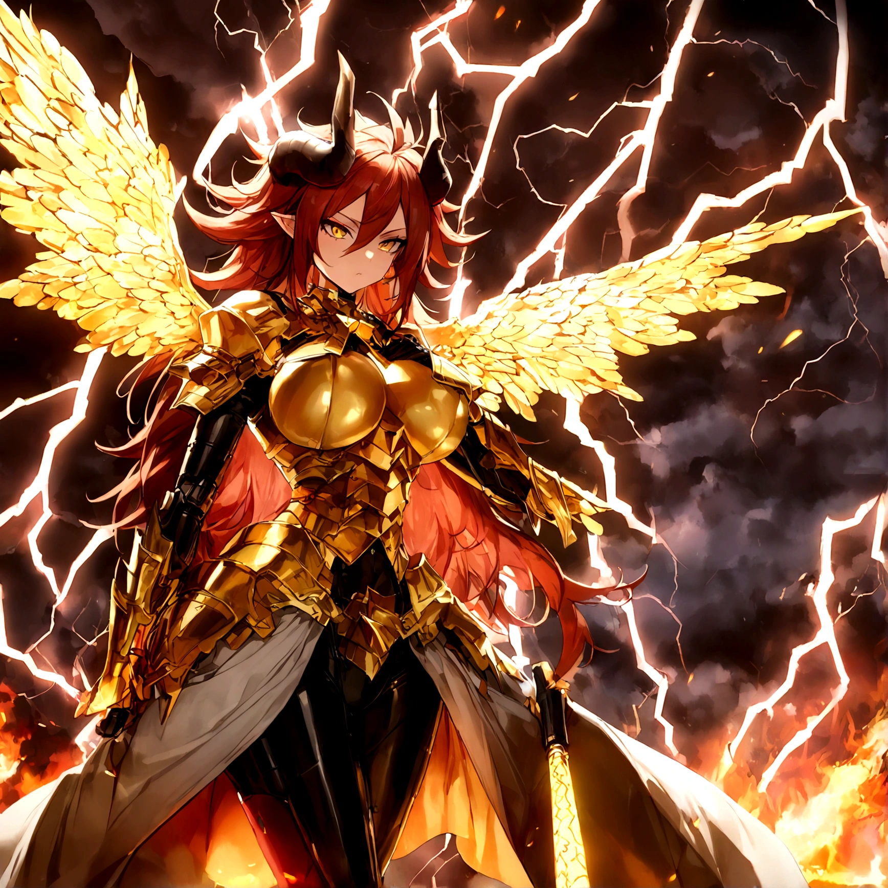 ((Lightning Power)), ((Electricity)), ((Fire Background)), ((Lightning Storm)), ((Power Erupting)),((((android 21)))), (((white Coat))), (((Busty))), (((((Big breast:1,3)))), luxury bustier corset, ((silver hair)), (((Very slim waist))), propotional body, ((Gorgeous)), (((gold wings))), masterpiece, hyperdetail, ambient effect, digital effect, (((FIRE SWORD)), (((Lightning Sword))), (((Fire Gold Armor))), (((Lightning Gold Wings))), (((Fire Demon Horns))), (((Lightning Demon Horns)))