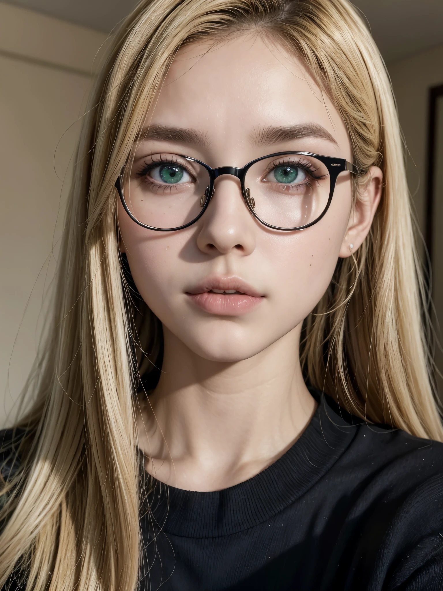 Close-up selfie of a cute girl with long blond hair, large circular glasses, and make-up. She has a short and skinny body and large beautiful brown eyes. She is perfection.