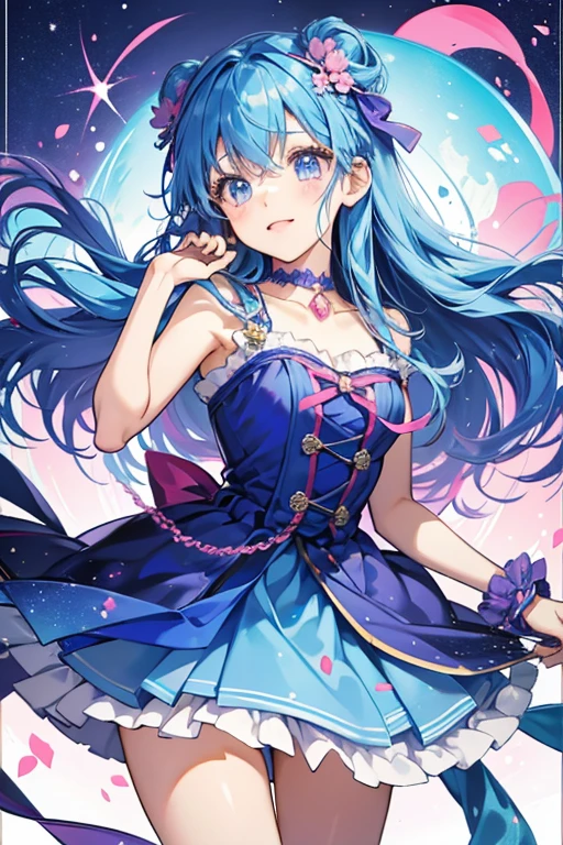 Sora-chan-tchi's appearance is based on that of Sora Kazesawa. She resembles a young girl with long blue hair, wearing a blue and purple dress with matching pink flower hair accessory. SPARKLE; GLITTER