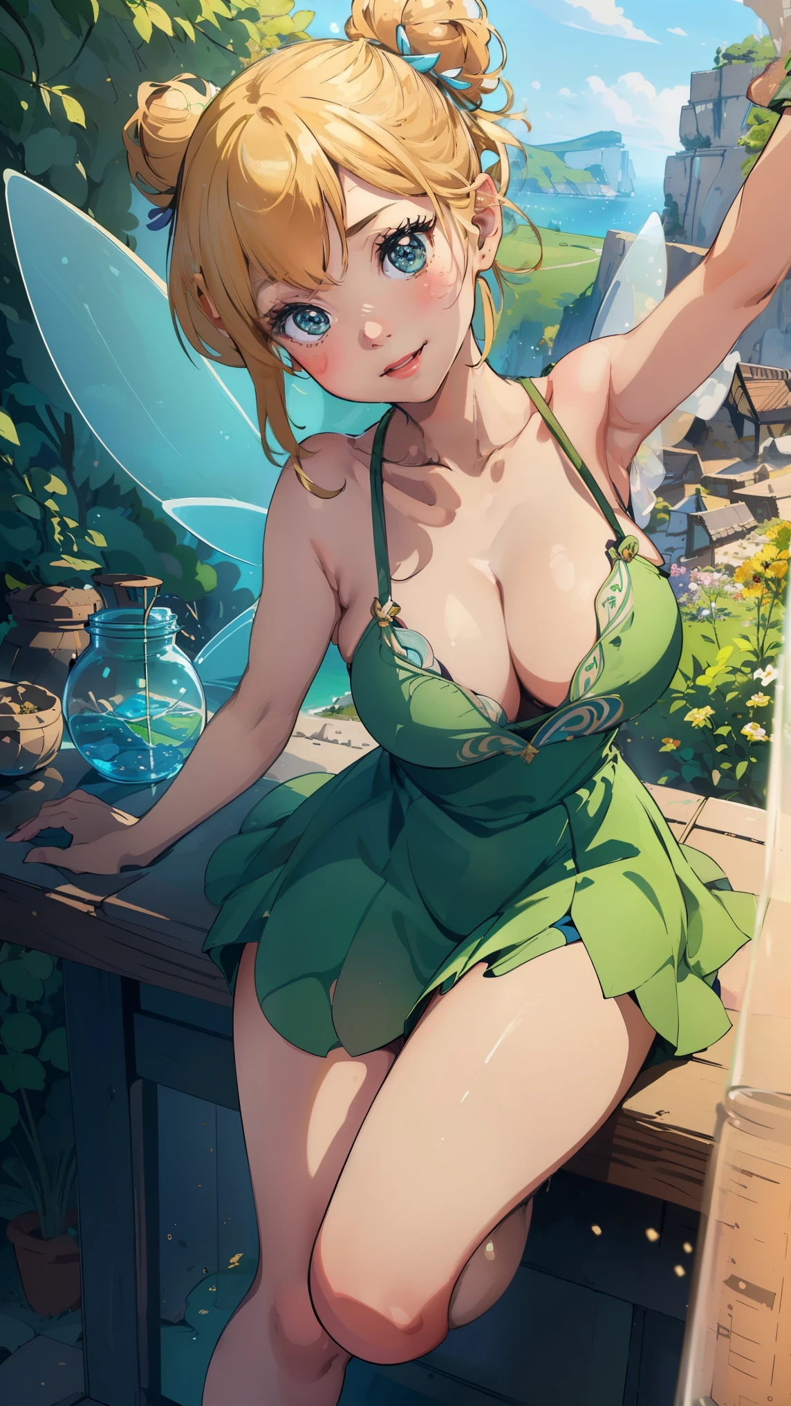 (Ding Kuafu:1), Smile, Lovely big breasts, Cute pose, Looking at the audience,  single bun, Pointed ears，Short hair details, (Green Strap Dress:1), (Fairy Wings), sit, (Breast focus:1.2), From above, 
(Practical:1.2), (Endless Realism), (masterpiece:1.2), (best quality), (Extremely detailed), (8K, 4k, complex),(Full body image:1),(Cowboy shooting:1.2), (85 mm),Light Particles, light, (The content is very detailed:1.2),(Delicate face:1.2), (slope), National Foundation, rich and colorful,(Delicate eyes:1.2),
(Detailed landscape, Inside a glass jar:1.2),(Detailed background),Detailed landscape, (Dynamic Angle:1.2), (dynamic poses:1.2), (Rule of Thirds_artwork:1.3), (Course of action:1.2), Wide-angle lens, Sunlight, Solitary,