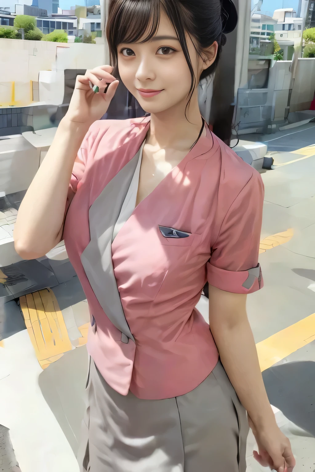 (masterpiece:1.2, highest quality:1.2), 32K HDR, High resolution, (alone、1 girl)、 (Height: 160cm)、（On the rooftop of a building in the daytime、Professional Lighting）、Building rooftop background、（Nankai train crew uniform pinkを着たリアルスタイル）、（Nankai train crew uniform pink short sleeve collarless pink jacket、Nankai Train Crew Uniform Pink Collarless Short Sleeve Blouse、Nankai Train Crew Uniform Pink Grey Knee-length Culottes）、Dark brown hair、（Hair tied up、Hair tied up、Evening curly hairstyle）、Dark brown hair、Long Shot、Big Breasts、Thin legs、（（Great hands：2.0）），（（Harmonious body proportions：1.5）），（（Normal limbs：2.0）），（（Normal finger：2.0）），（（Delicate eyes：2.0）），（（Normal eyes：2.0））)、smile、（Nankai Train Crew Uniform Pink Grey Knee-length Culottesを見せた美しい歩く姿）、Place your hands around your stomach、Lanyard employee ID card