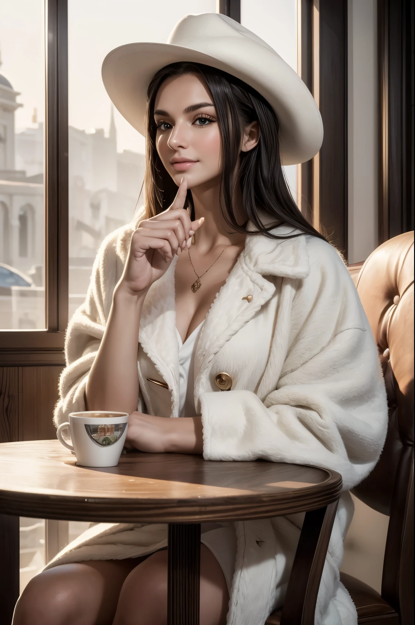 masterpiece, best quality, extremely detailed, hyperrealistic:1.1, photorealistic, a beautiful 20s russian model, ultra detailed face:1.1, white cowboy hat:1.1, white fur coat, black hair, in luxurious cafe, in the sunshine:1.1, sitting at table with a coffee cup:1.2, perfect hands, perfect fingers, sly smile:1.1, putting index finger on own mouth