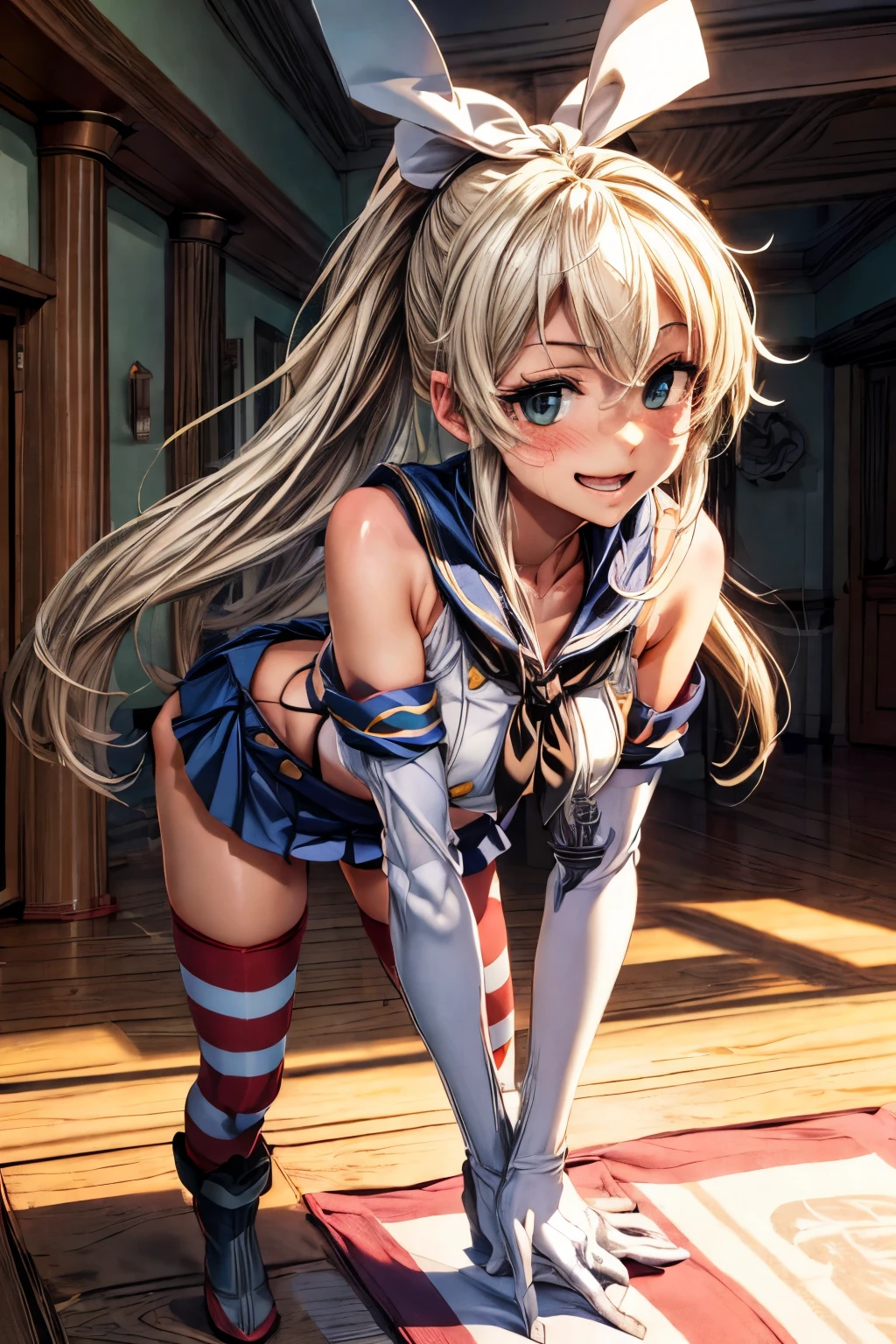 (extremely detailed CG unity 4k wallpaper),(masterpiece),(best quality),(ultra-detailed),(best illustration),(best shadow),(absurdres),(detailed background), blonde long hair (Ponytail), green eyes, Daisy dukes, Smiling, Boots, Farm, shimakaze