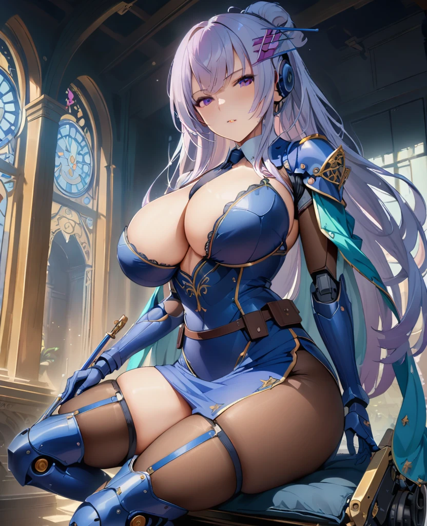 alone, 1 girl, Stationary, Floretia=Capistrano, keep, arms, Focus on women, headset, goggles, Cape, armor, Handguard, sheath, armor, full armor, Anatomically correct machine、Blue jacket、Collared shirt、Black tie、Blue pencil skirt、Robot Joints、Thigh-high stiletto boots、(((masterpiece))), ((highest quality)), ((Intricate details)) (8k)