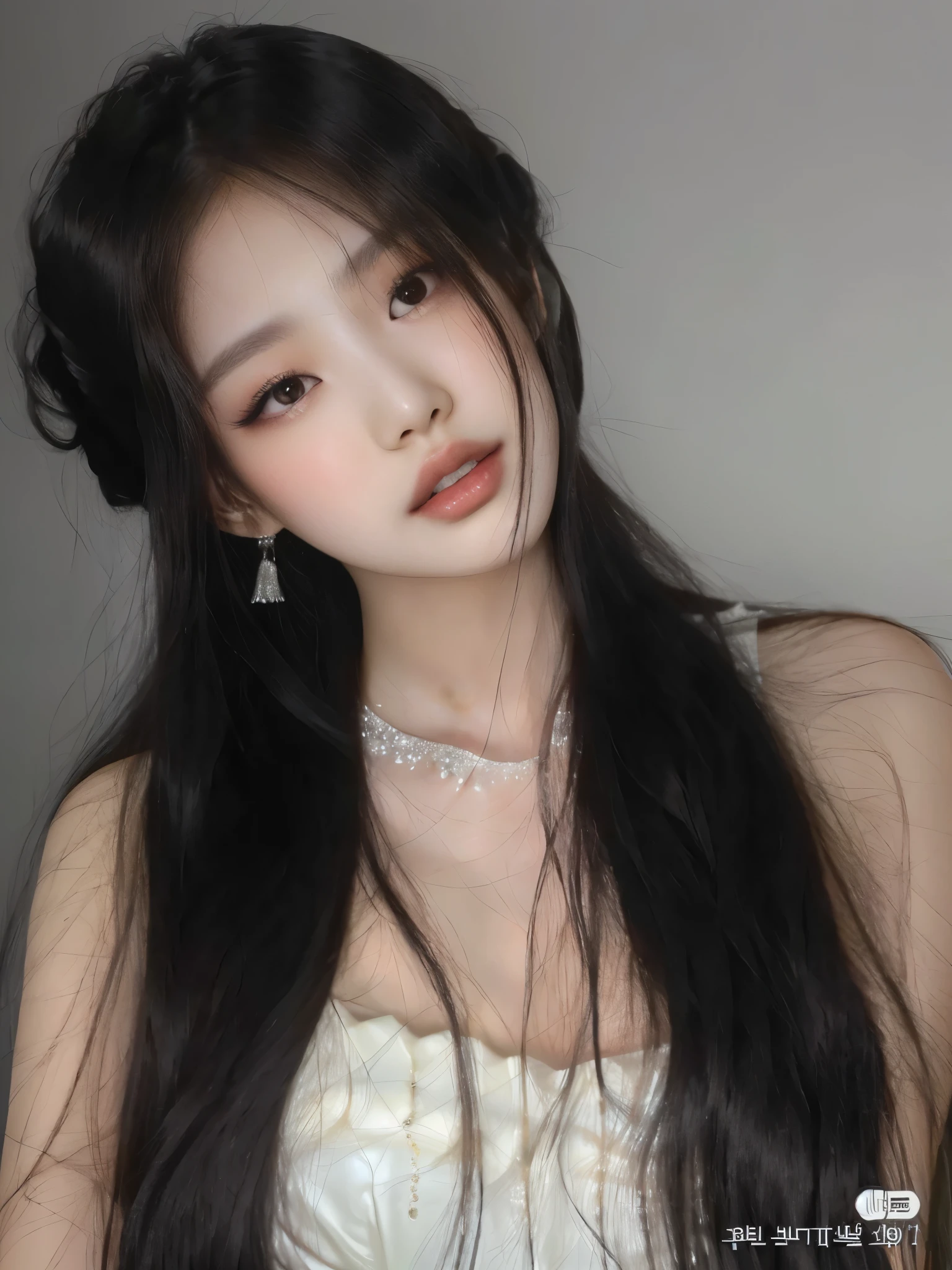 un primer plano de una mujer con cabello largo y negro con un vestido blanco, ulzzang, jinyoung shin, hermosa mujer surcoreana, hermosa joven coreana, hermosa joven coreana, muchacha coreana, cruel korean gothic girl, asian girl con cabello largo, con cabello largo and piercing eyes, con cabello largo, peinado de corte hime blanco, maquillaje popular de corea del sur
