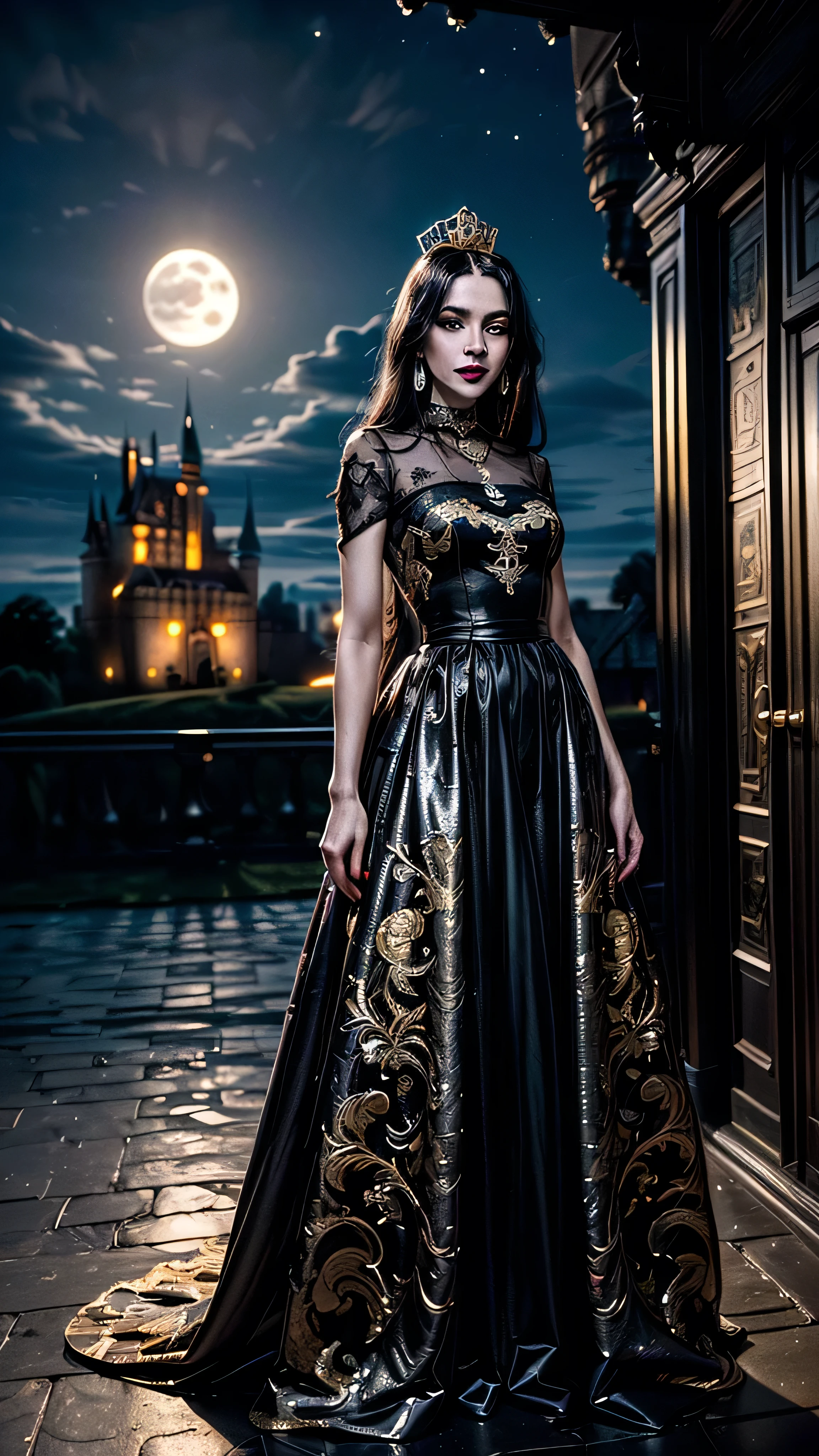 ((best quality: 1.5, intricate:1.3, masterpiece, photorealistic:1.4)), sharp focus, professional, real life, realistic representation of the face, ((detailed, athletic, suntan, (((black gold chinoiserie renaissance ball gown)), queen, black chrome tiara, onyx necklace, onyx earrings, humid ((supermodel))), makeup: 0.7, glowing iceblue eyes, long straight hair [bright ginger hair:black hair:0.4], smirking, smirk, shadows, black lips, outdoors, faraway castle, dark, night, moonlight)), professional lighting, photon mapping, radiosity, physically based rendering, ultra resolution, hyper-realistic, hyper-realistic, 8K
