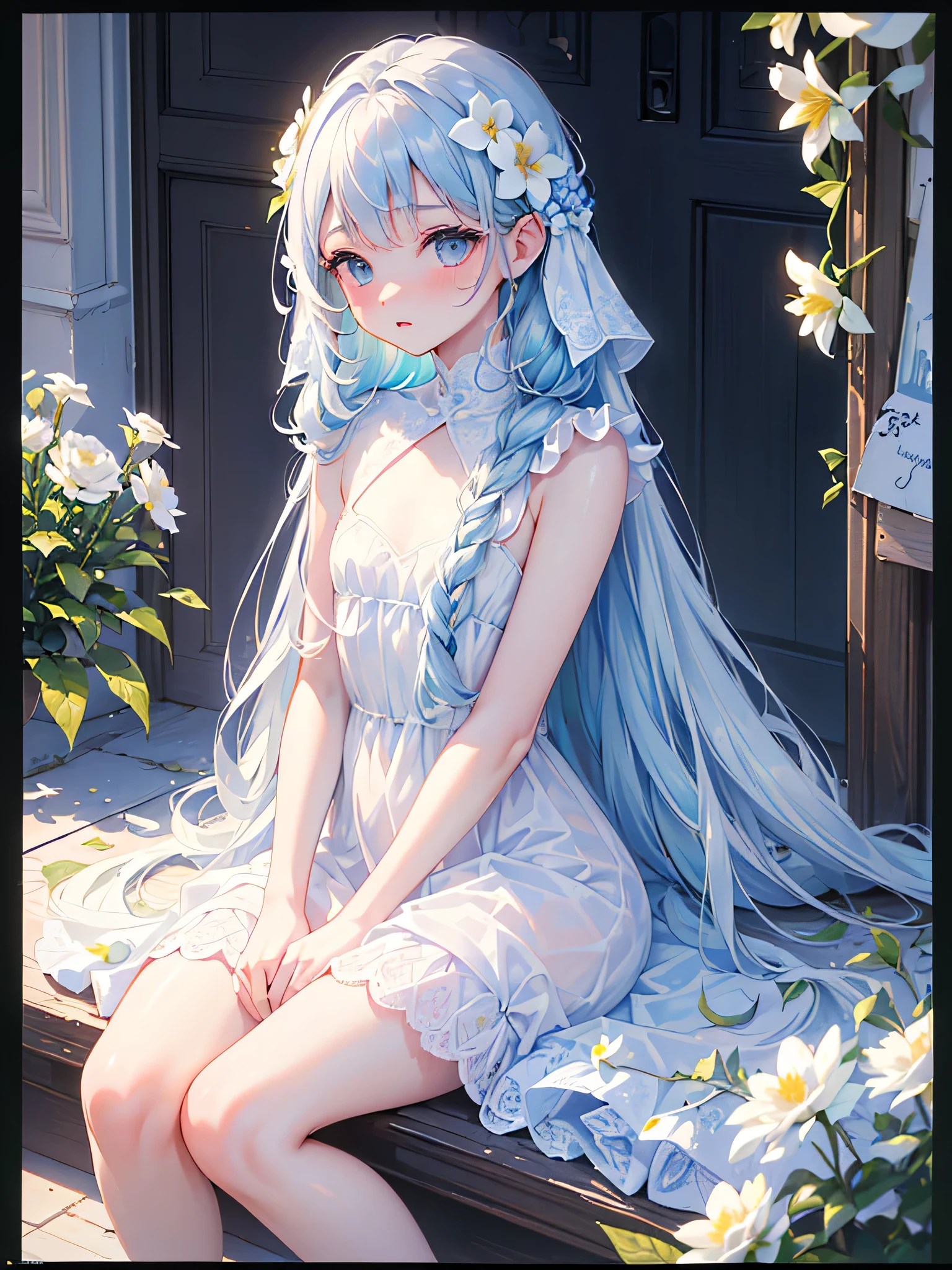 ((masterpiece, best quality, extremely detailed, absurdres)),, masterpiece, best quality, extremely detailed, (((light blue long hair))), long hair cute anime faces,detailed light,parted lips,shiny、beautiful detailed face,,longhair、(((( light blue long hair)))),,, , 1girl, solo, flat chest, blush, bangs, , flat chest,((best quality)), ((masterpiece)), ((Super detailed)), (illustration), (detail light), (an extremely delicate and fair), ((prune)), incredible_Ridiculous, (Ray tracing), (reflected light), ((movie poster)), (sign:1.3), (English text:1.3), rest (8K:1.3), wallpaper, 1 girl, (Girl among flowers:1.4), , clear sky, external, Super detailed, best quality, Ultimate quality, masterpiece, fair, beautiful, sit on the floor, (Ridiculously long hair, Clear border of cloth:1.4), (pure white dress, pure white silk cloth:1.5), (Flower land, Thousands of flowers, colorful flowers, flowers around her, various flowers:1.51), young, amazing, attractive, sundress, wonderful scenery, pure white shoes