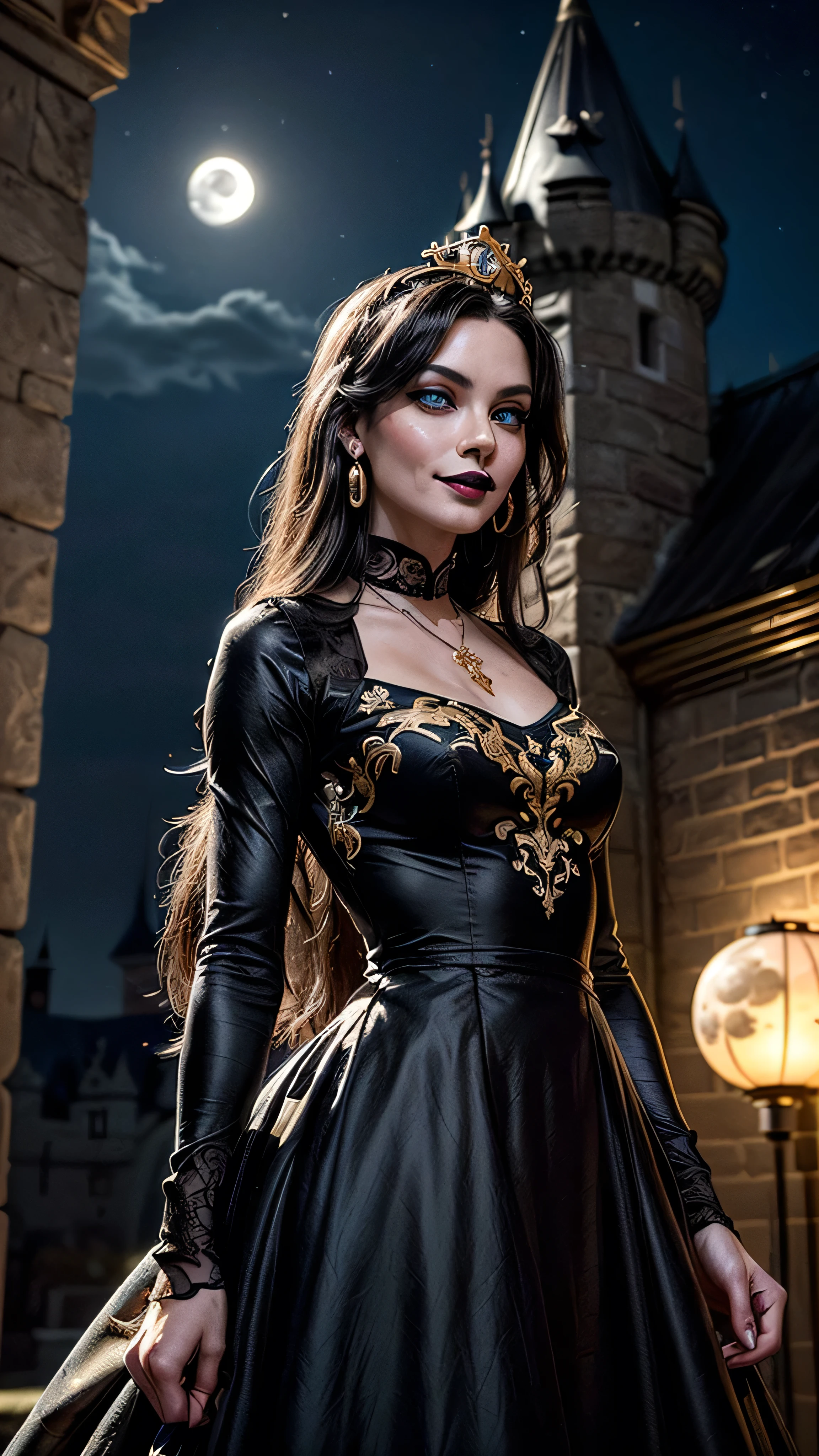 ((best quality: 1.5, intricate:1.3, masterpiece, photorealistic:1.4)), sharp focus, professional, real life, realistic representation of the face, ((detailed, athletic, suntan, (((black gold chinoiserie renaissance ball gown)), queen, black chrome tiara, onyx necklace, onyx earrings, humid ((supermodel))), makeup: 0.7, glowing iceblue eyes, long straight hair [bright ginger hair:black hair:0.4], smirking, smirk, shadows, black lips, outdoors, faraway castle, dark, night, moonlight)), professional lighting, photon mapping, radiosity, physically based rendering, ultra resolution, hyper-realistic, hyper-realistic, 8K
