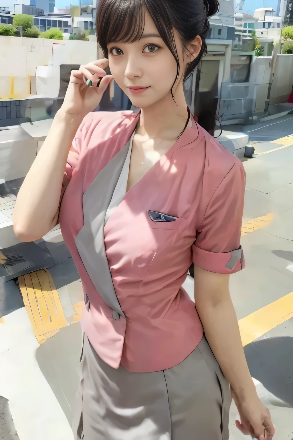 (masterpiece:1.2, highest quality:1.2), 32K HDR, High resolution, (alone、1 girl)、 (Height: 160cm)、（On the rooftop of a building in the daytime、Professional Lighting）、Building rooftop background、（Nankai train crew uniform pinkを着たリアルスタイル）、（Nankai train crew uniform pink short sleeve collarless pink jacket、Nankai Train Crew Uniform Pink Collarless Short Sleeve Blouse、Nankai Train Crew Uniform Pink Grey Knee-length Culottes）、Dark brown hair、（Hair tied up、Hair tied up、Evening curly hairstyle）、Dark brown hair、Long Shot、Big Breasts、Thin legs、（（Great hands：2.0）），（（Harmonious body proportions：1.5）），（（Normal limbs：2.0）），（（Normal finger：2.0）），（（Delicate eyes：2.0）），（（Normal eyes：2.0））)、smile、（Nankai Train Crew Uniform Pink Grey Knee-length Culottesを見せた美しい歩く姿）、Place your hands around your stomach、Lanyard employee ID card