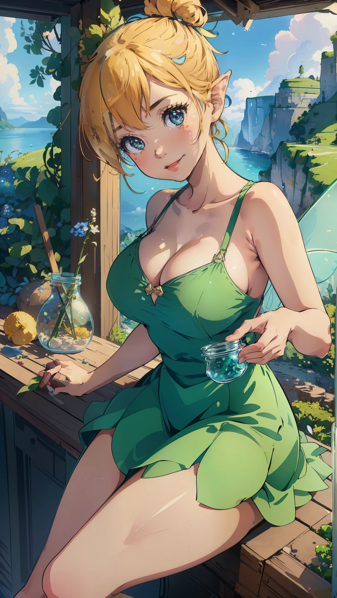 (Ding Kuafu:1), Smile, Lovely big breasts, Cute pose, Looking at the audience,  single bun, Pointed ears，Short hair details, (Green Strap Dress:1), (Fairy Wings), sit, (Breast focus:1.2), From above, 
(Practical:1.2), (Endless Realism), (masterpiece:1.2), (best quality), (Extremely detailed), (8K, 4k, complex),(Full body image:1),(Cowboy shooting:1.2), (85 mm),Light Particles, light, (The content is very detailed:1.2),(Delicate face:1.2), (slope), National Foundation, rich and colorful,(Delicate eyes:1.2),
(Detailed landscape, Inside a glass jar:1.2),(Detailed background),Detailed landscape, (Dynamic Angle:1.2), (dynamic poses:1.2), (Rule of Thirds_artwork:1.3), (Course of action:1.2), Wide-angle lens, Sunlight, Solitary,