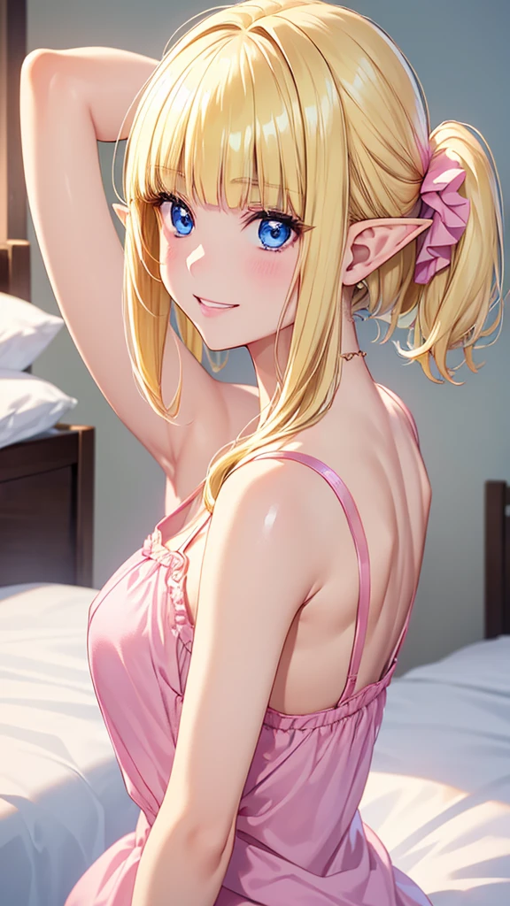 16k、masterpiece、High definition、High resolution、((Young Elven Woman))、((Beautiful white skin))、Small breasts、((Beautiful blonde))、Bobcut、((Beautiful Blue Eyes))、((Narrow eyes))、((Pointed Ears))、Shy face、blush、Pink lip gloss、Luxury lace bra、((Bedroom at night))、Dimly lit room、Downlight light、Look up at me、((Close up of upper body))