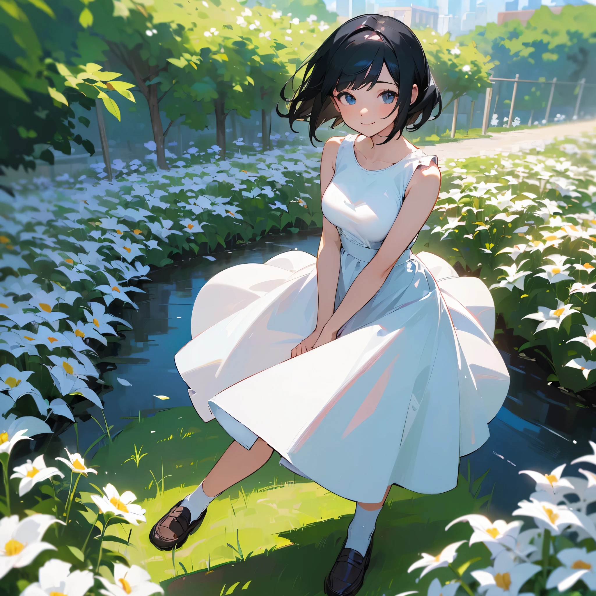 (high quality, High resolution, Very detailed, reality:1.37), Peaceful atmosphere, (Outdoor, garden), Teenage girl standing alone, (my breasts are big.), Beautiful details, Cute Smile, (Black bob hair), White sleeveless dress, White socks, loafers.