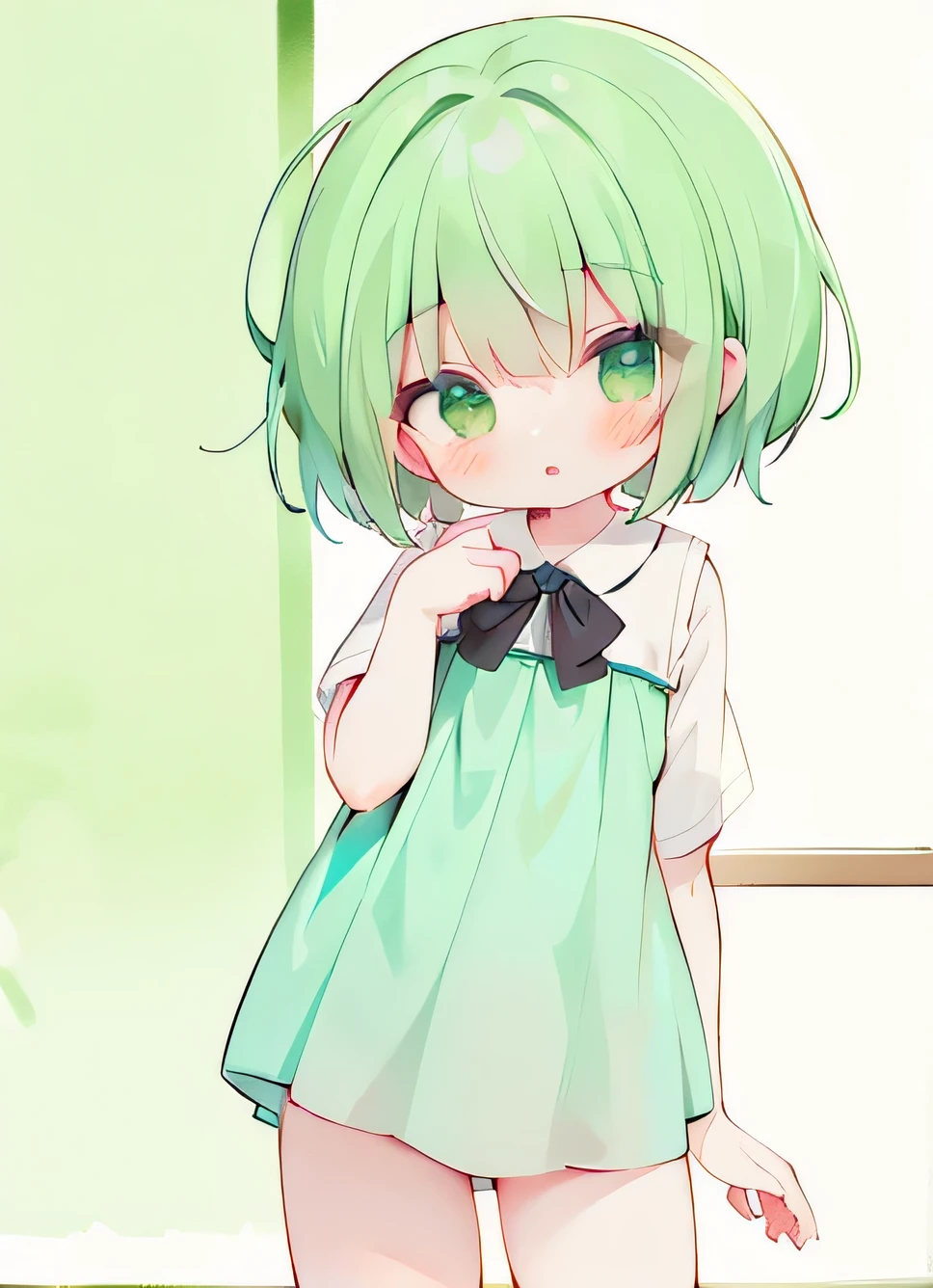 loli, Green eyes, , hair, short hair, cute eyes, cute, cold blouse, long blouse, bare legs,