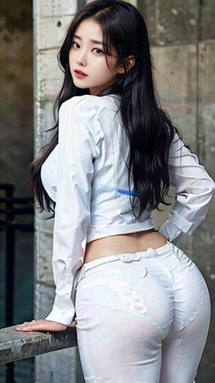 Arab asian woman in white shirt and blue jeans, Otaku, V-shaped clothing with an open neckline, Korean Girls, a hyper realistic, Wear a shirt, Smooth white tight clothing suit, Realistic, Gorgeous Young Korean Woman, sakimichan, Trending on cgstation, Interesting outfits, Focus on the butt, hyper realistic, anatomically correct, super detail, high details, best quality, 8k